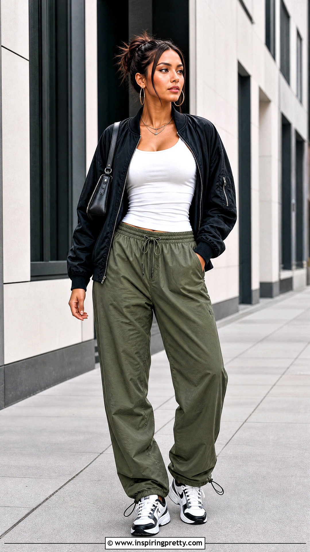 Fitted Tank Top With Bomber Jacket And Parachute Pants - 20 fall fashion tank top outfit ideas