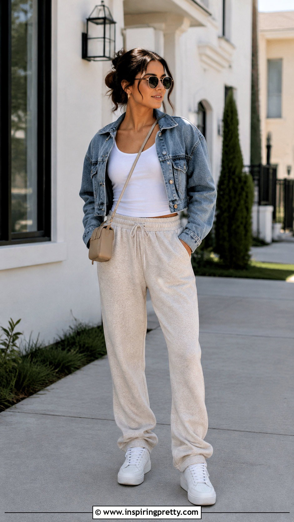 Fitted Tank Top With Joggers And Denim Jacket - 50 fitted tank top outfit ideas