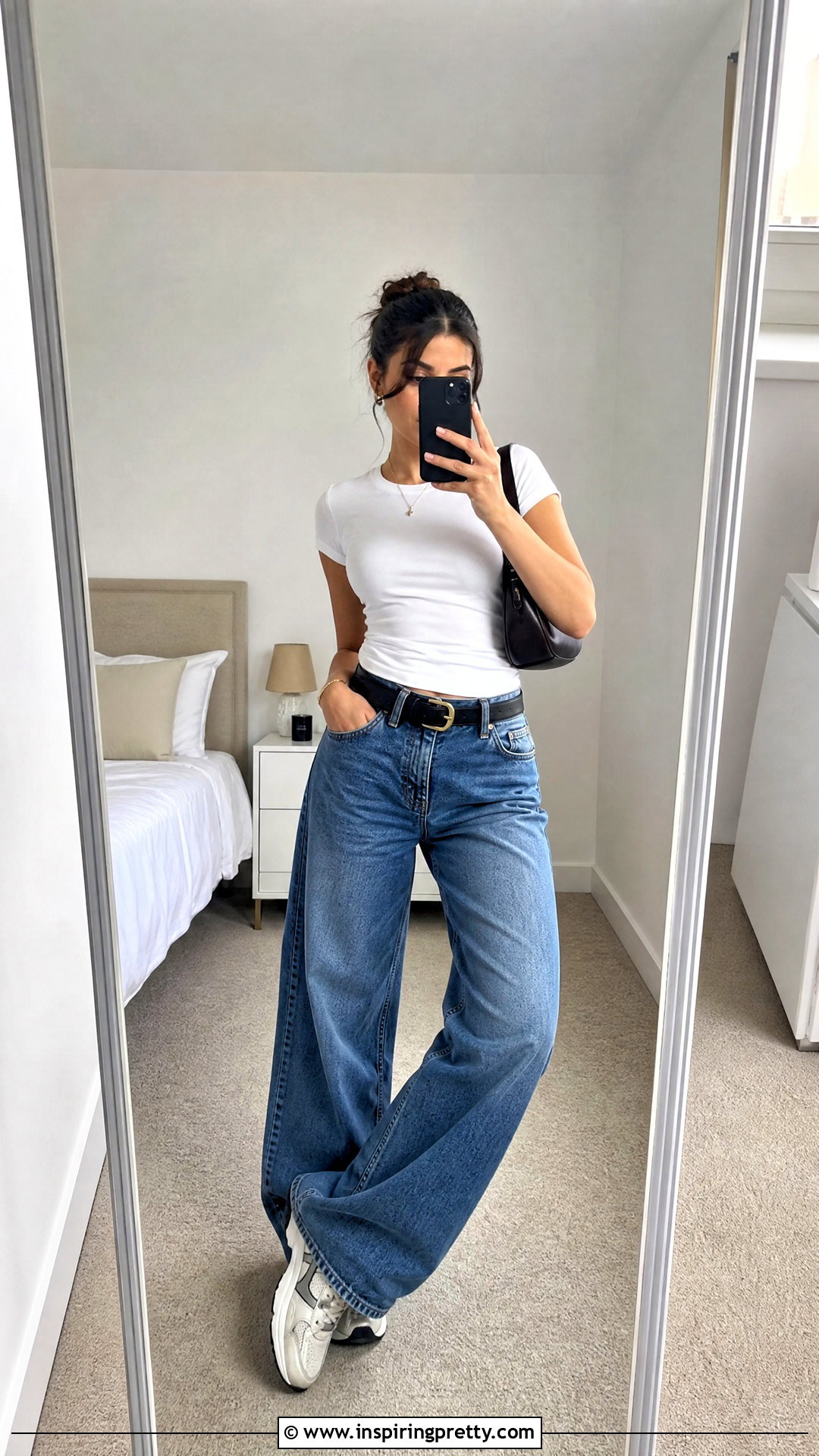 Fitted Tee And Baggy Jeans Mirror Selfie Pose - 50 Poses In Jeans Top Aesthetic Ideas