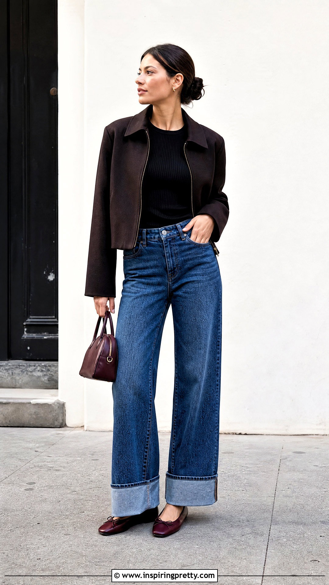 Fitted Top With Cuffed Jeans - 50 jeans top outfit ideas