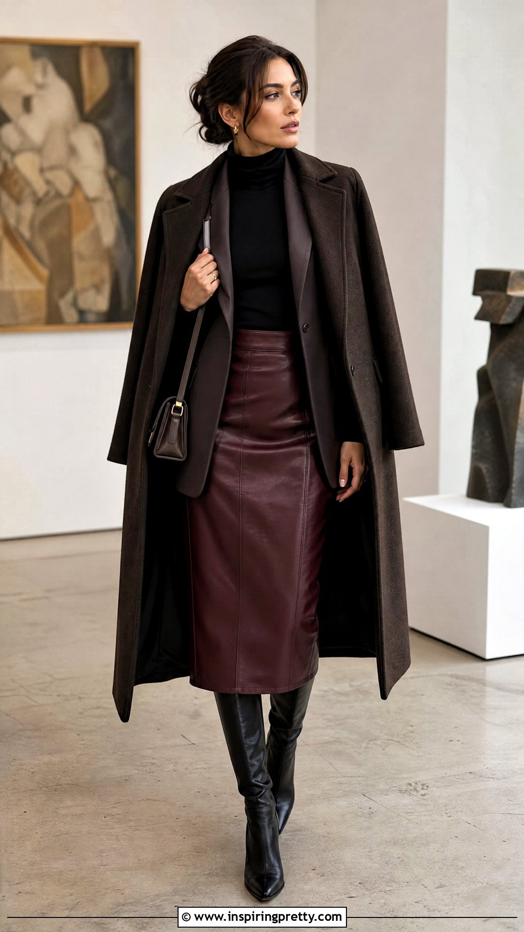 Fitted Turtleneck With Leather Midi Skirt - 20 Stylish Tops For Fall Outfits