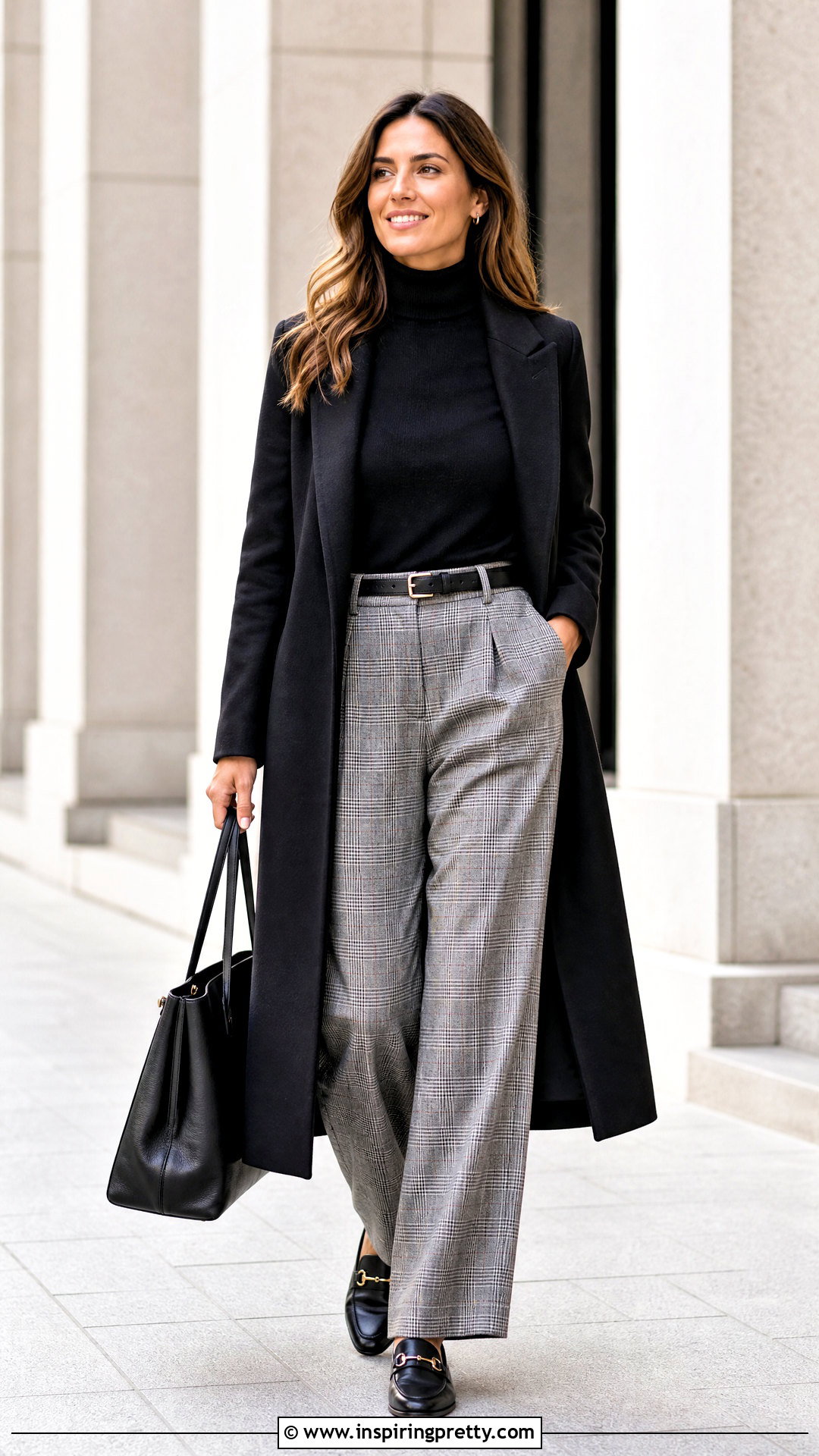 Fitted Turtleneck With Plaid Trousers - 50 cool tops outfit ideas