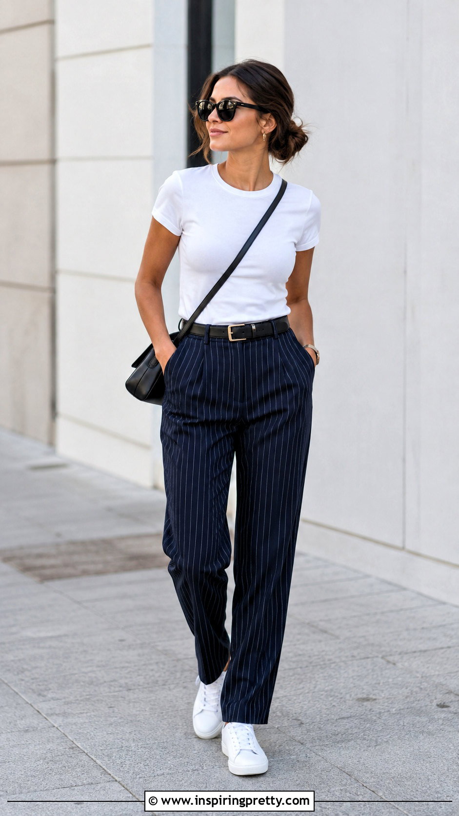 Fitted White T Shirt With Pinstripe Pants - what top to wear with pinstripe pants (20 ways)