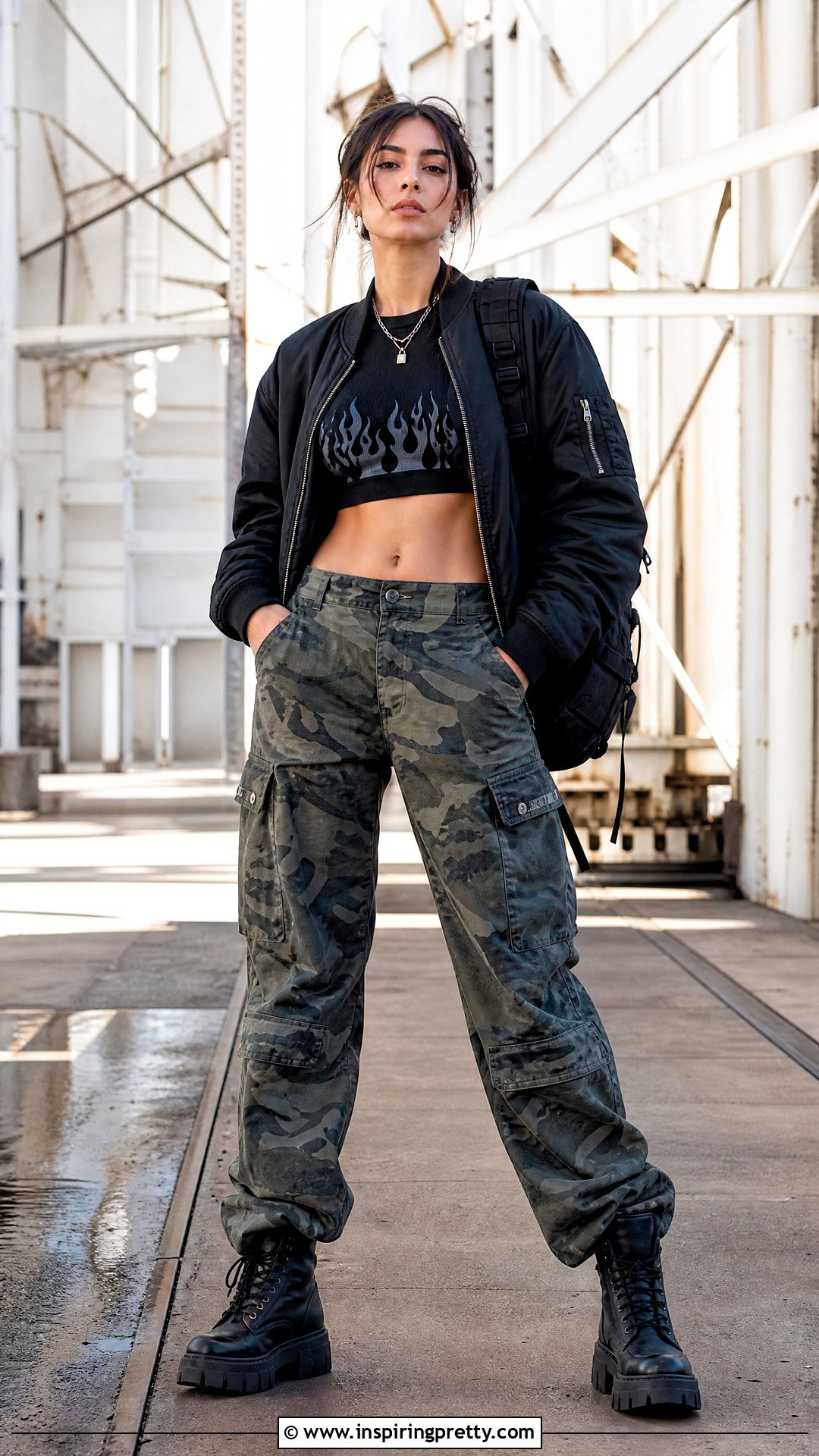 Flame Crop Top With Camo Cargo Pants And Combat Boots - 25 flame crop top outfit ideas
