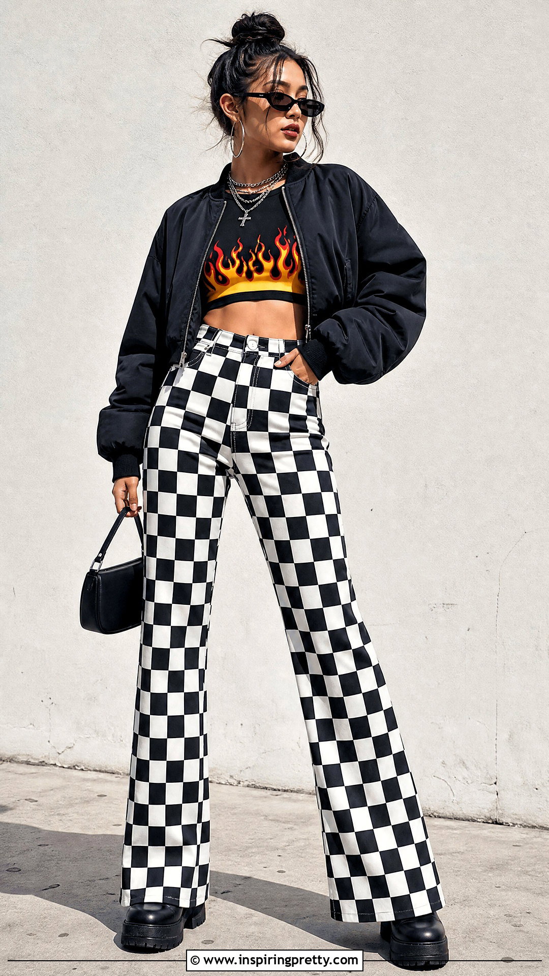 Flame Crop Top With Checkerboard Pants And Platform Sneakers - 25 flame crop top outfit ideas