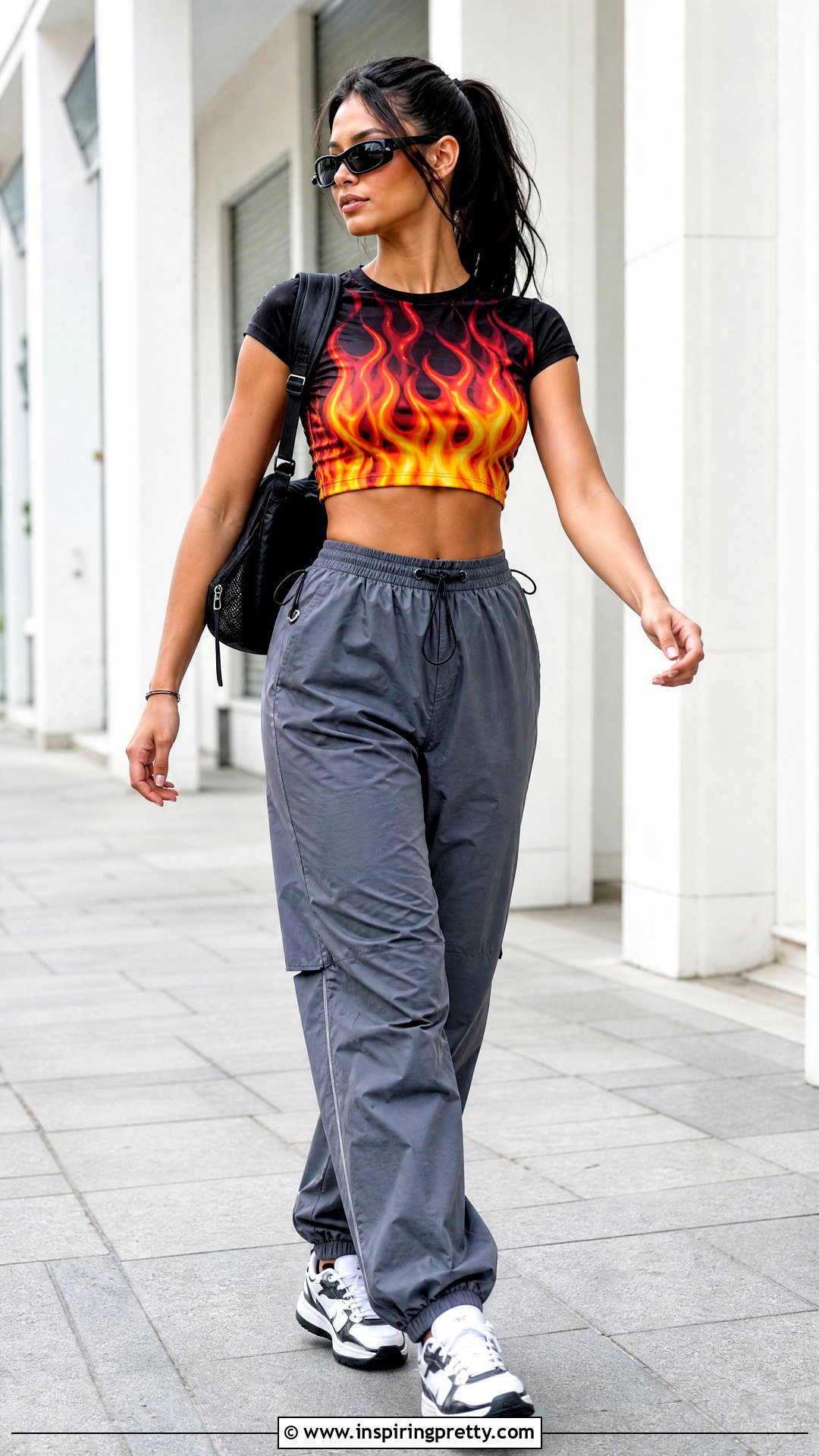 Flame Crop Top With Parachute Pants And Chunky Sneakers - 25 flame crop top outfit ideas