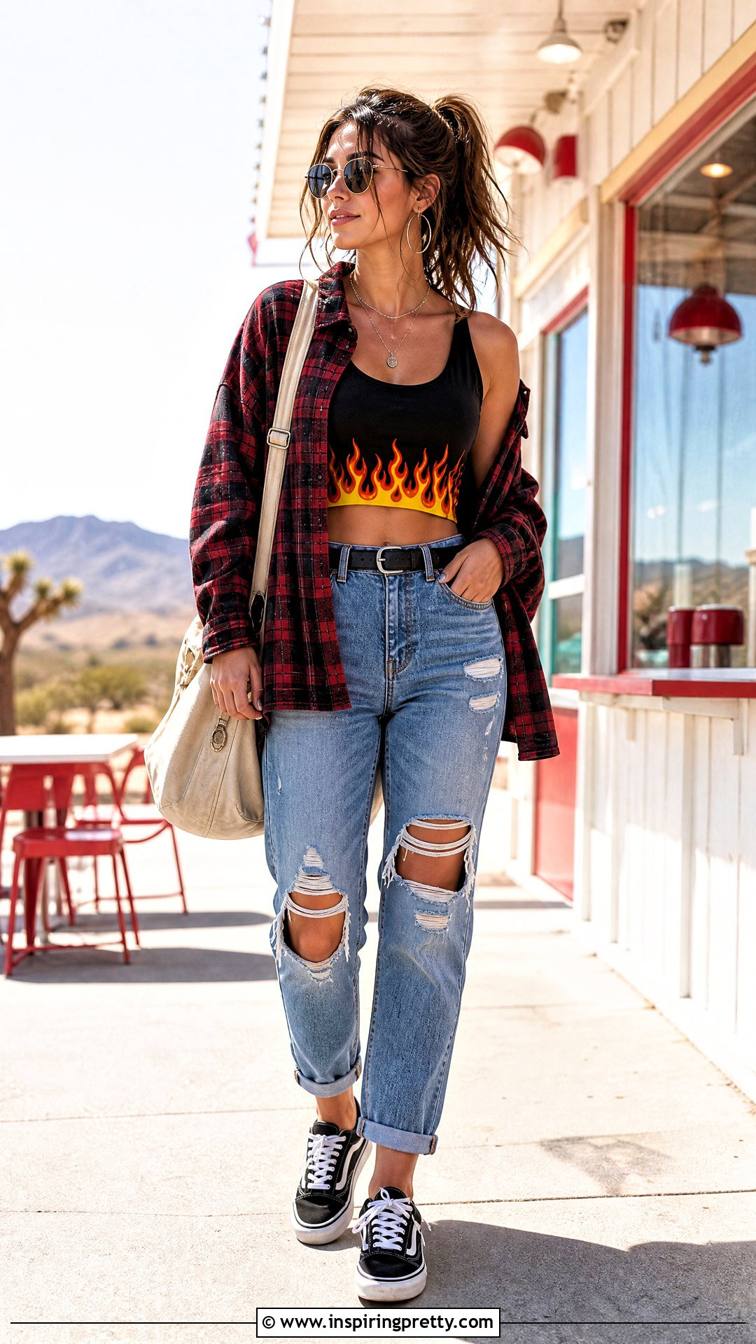 Flame Crop Top With Ripped Jeans And Oversized Flannel - 25 flame crop top outfit ideas
