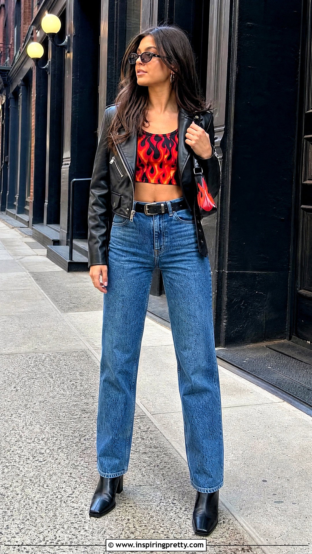 Flame Crop Top With Straight Leg Jeans And Moto Jacket - 25 flame crop top outfit ideas
