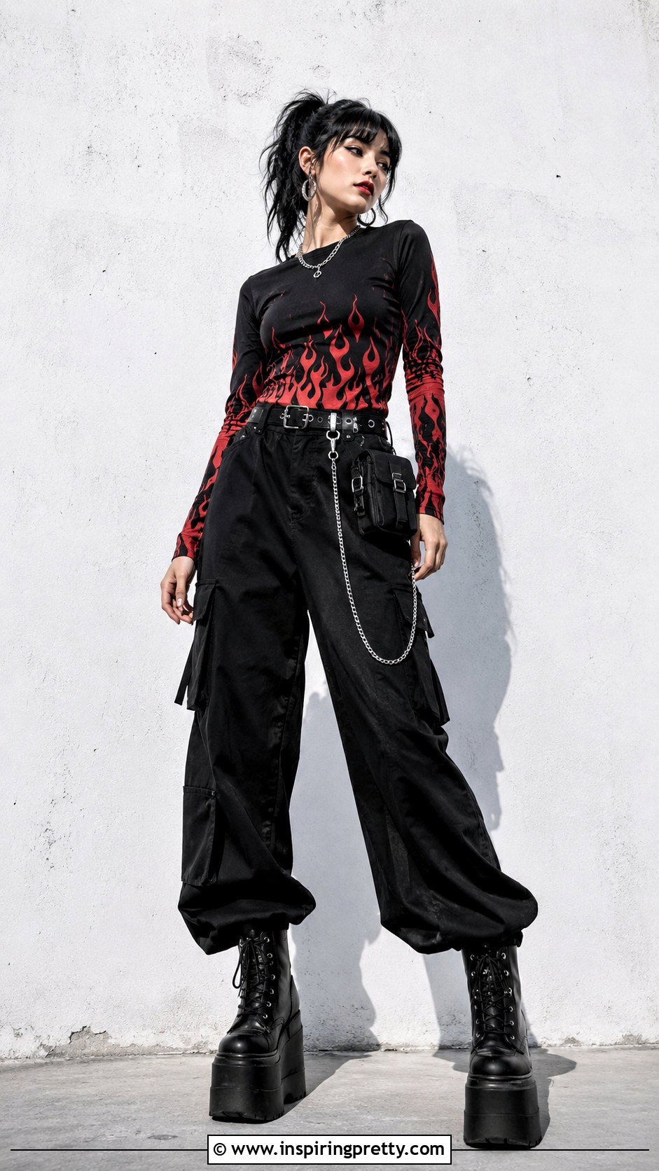 Flame Print Top With Black Cargos - 50 alt tops outfit ideas