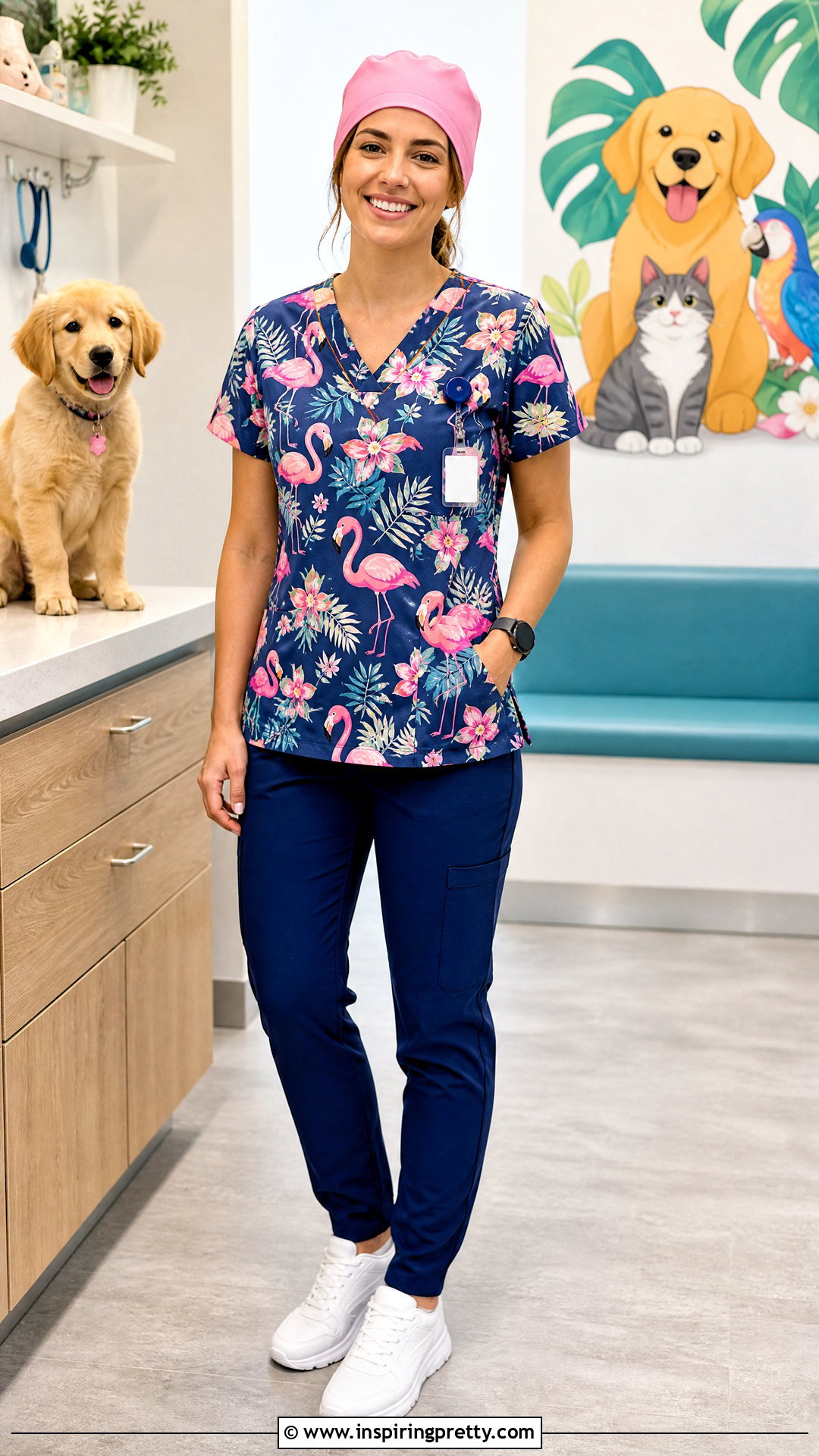 Flamingo Scrub Top With Coordinated Scrub Cap - 20 flamingo scrub top outfit ideas