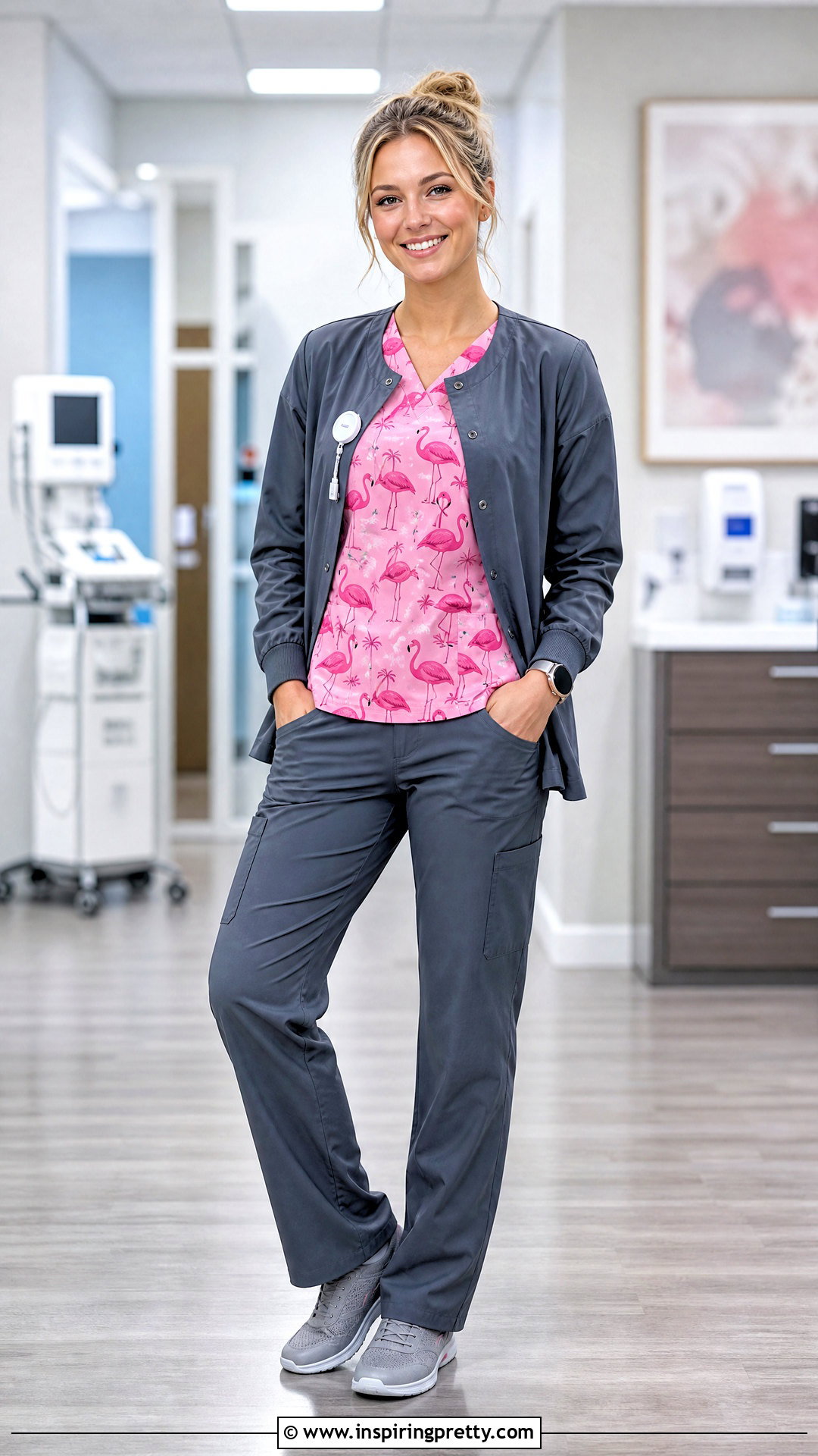Flamingo Scrub Top With Gray Scrub Pants - 20 flamingo scrub top outfit ideas