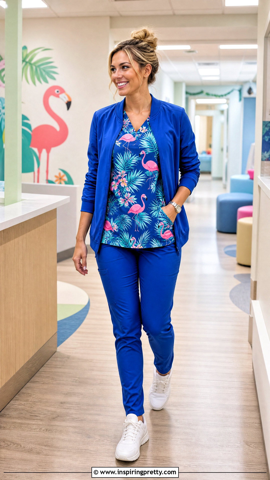 Flamingo Scrub Top With Royal Blue Scrub Pants - 20 flamingo scrub top outfit ideas