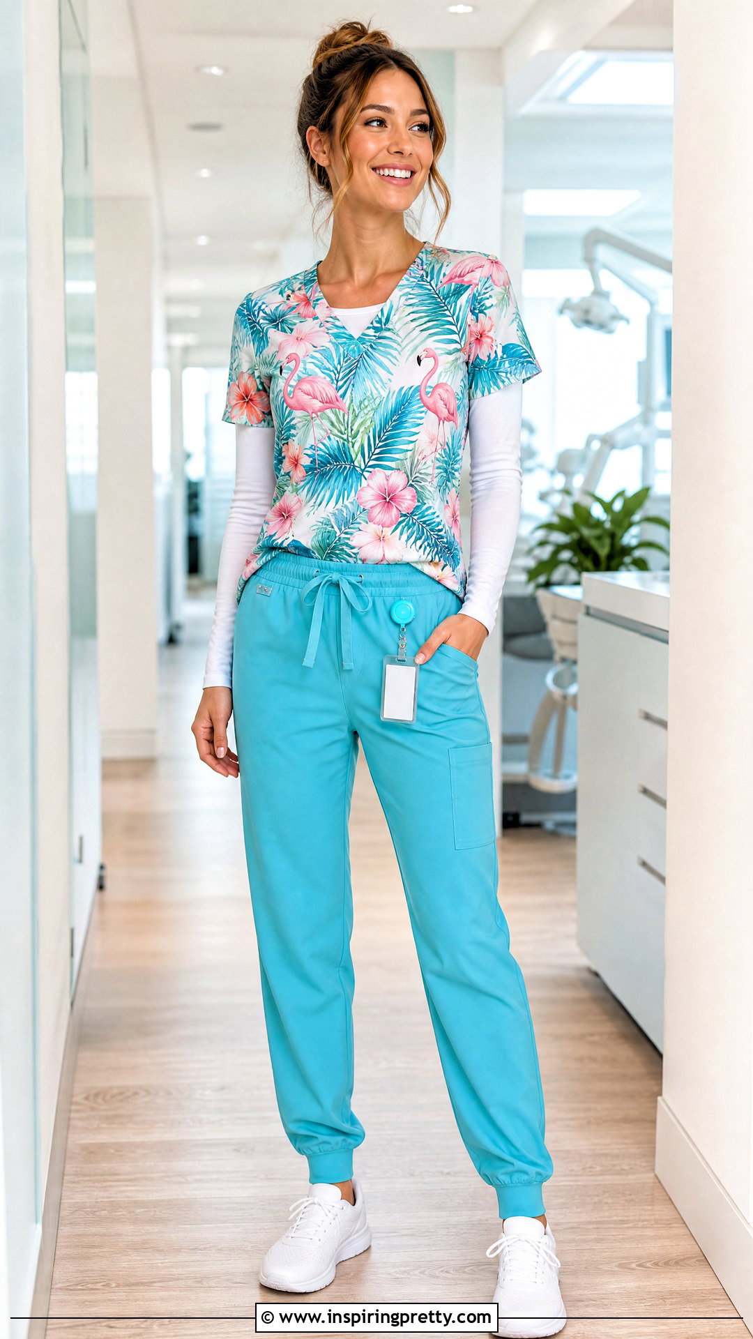 Flamingo Scrub Top With Turquoise Scrub Joggers - 20 flamingo scrub top outfit ideas