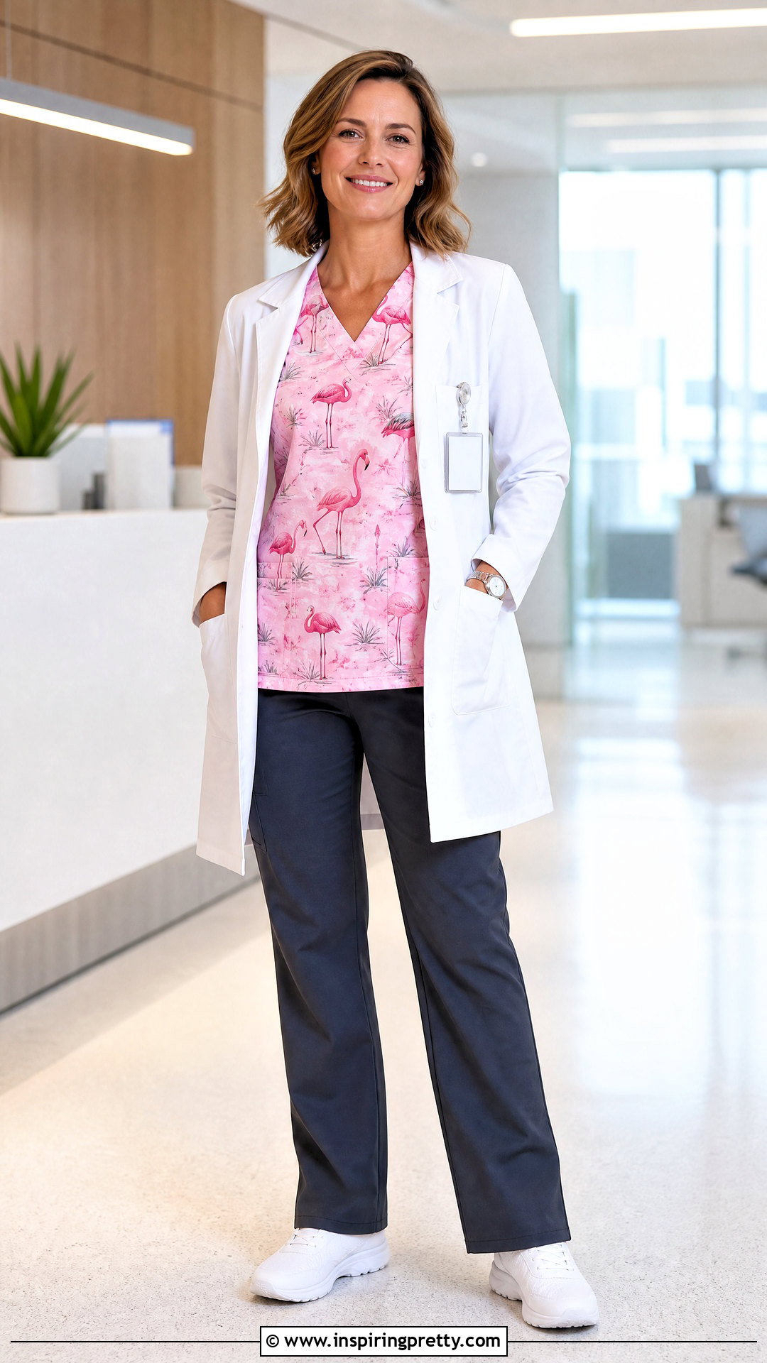 Flamingo Scrub Top With White Lab Coat - 20 flamingo scrub top outfit ideas