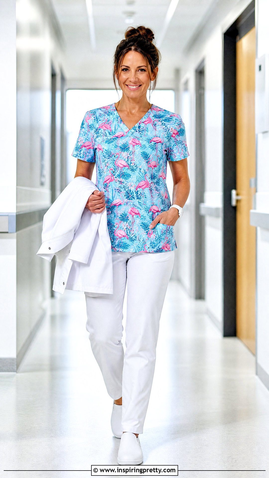 Flamingo Scrub Top With White Scrub Pants - 20 flamingo scrub top outfit ideas