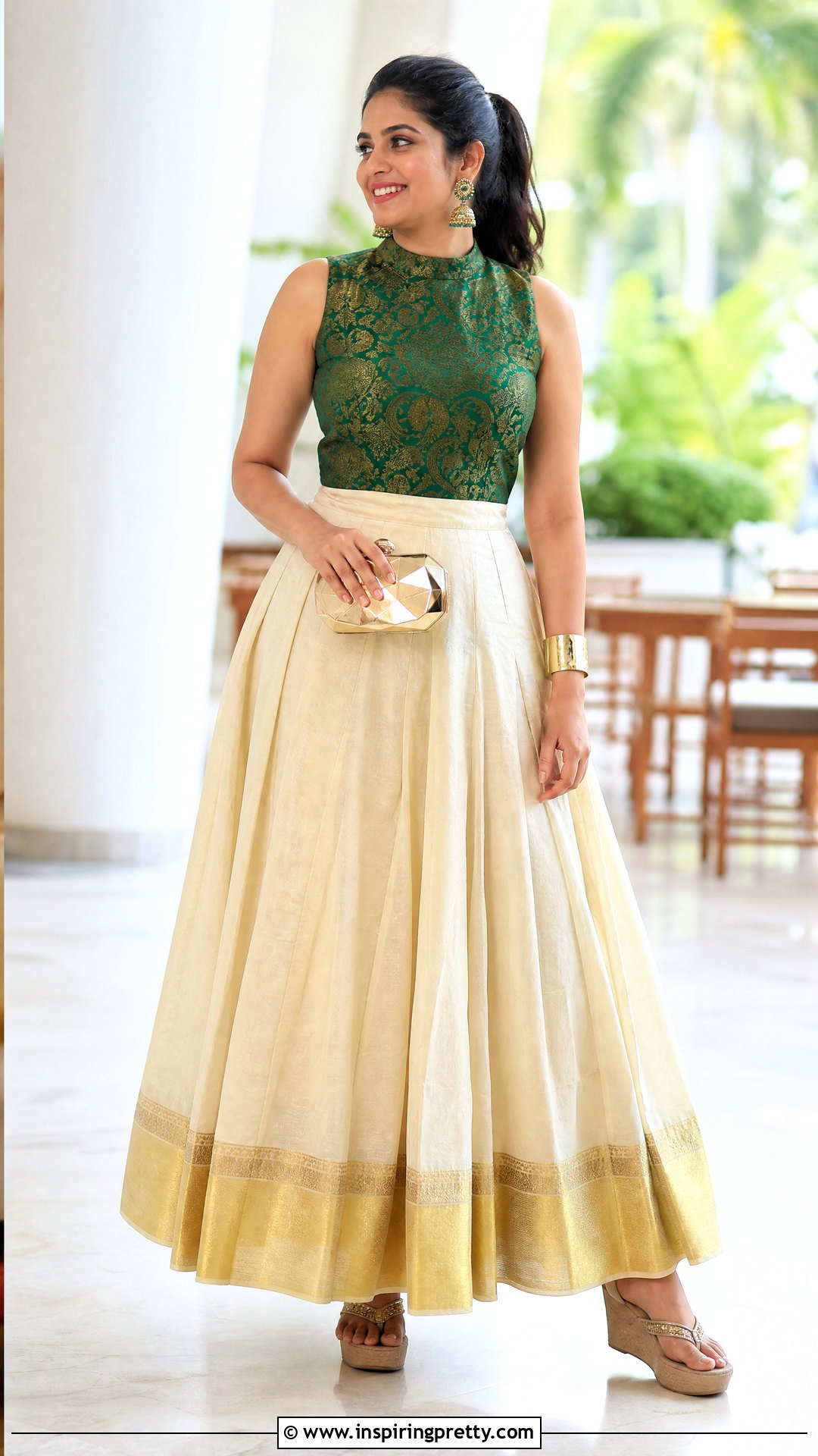 Flared Skirt And Sleeveless Brocade Top - 50 onam skirt and top designs