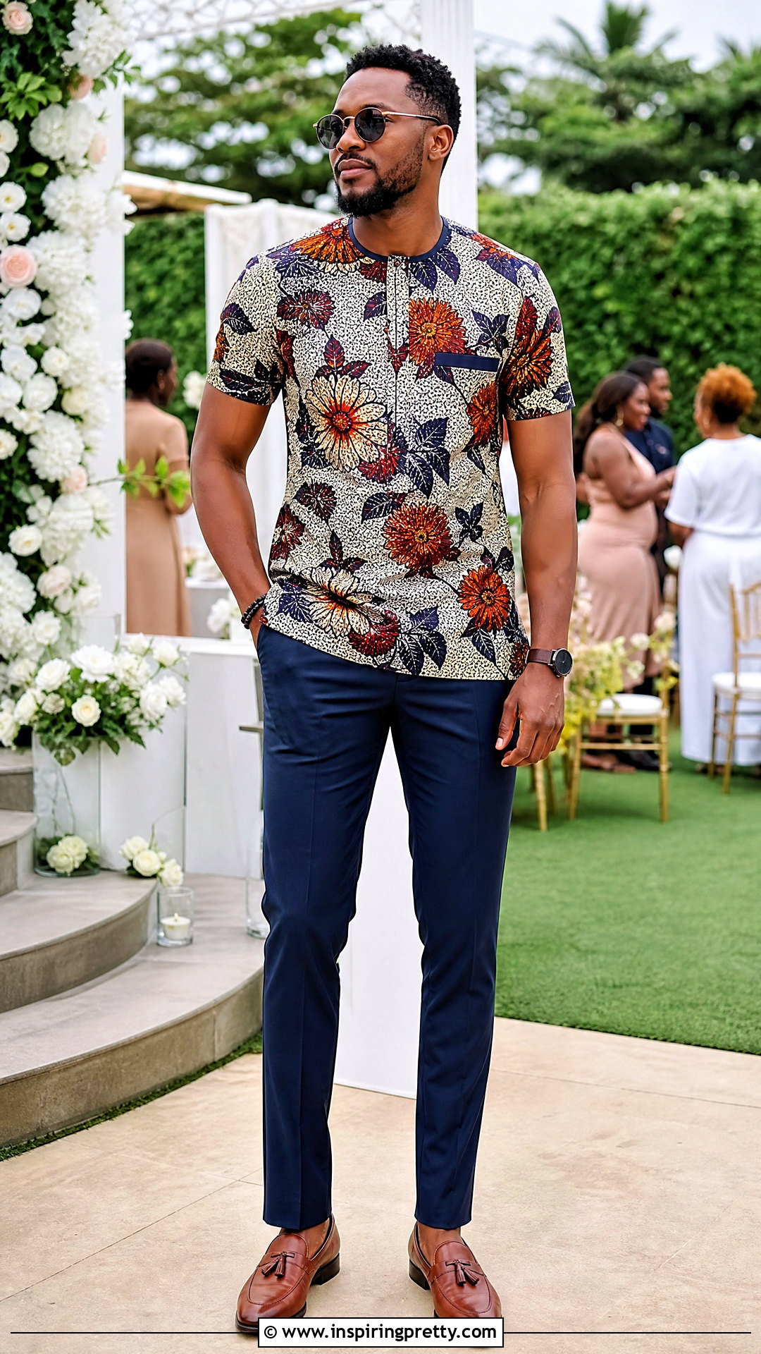 Floral Ankara Top With Navy Trousers - 50 ankara top for men outfit ideas