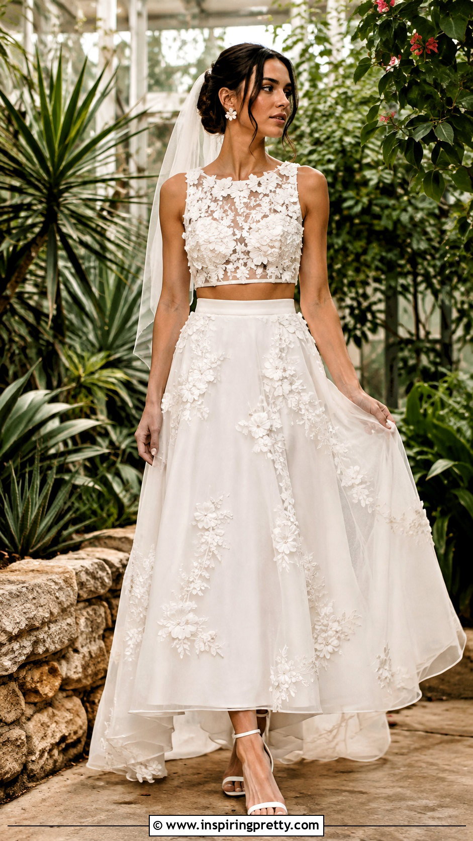 Floral Applique Crop Top Bridal Dress - 25 crop top bridal dress outfit ideas