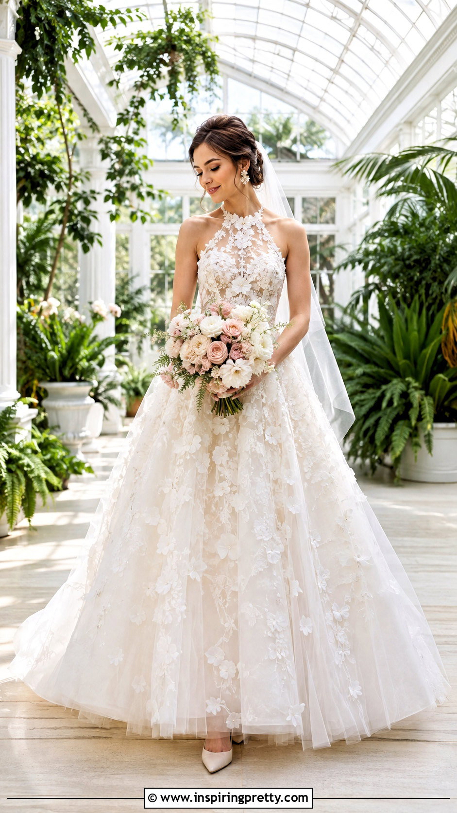 Floral Applique Halter Ball Gown Wedding Dress With Blush Bouquet - 25 Halter Top Ball Gown Wedding Dress outfit ideas