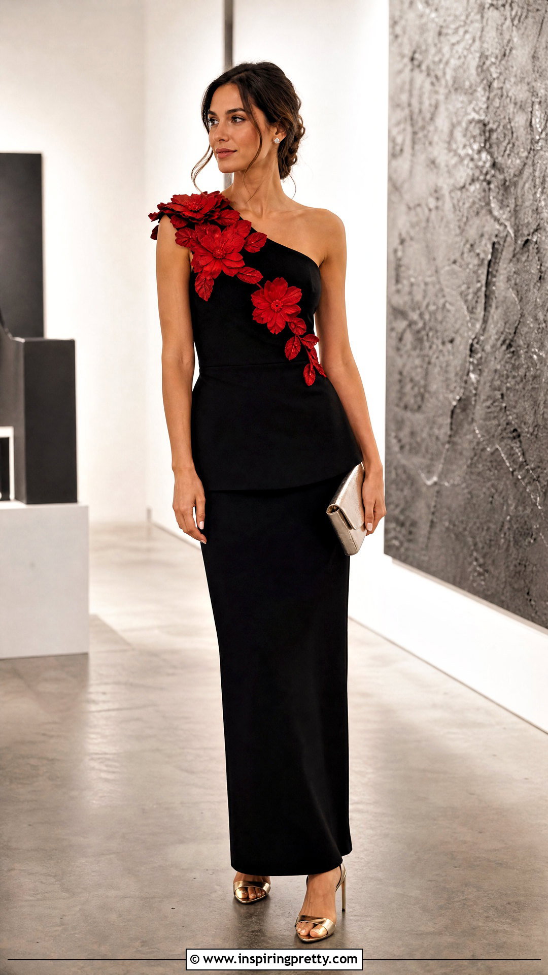 Floral Applique Party Top With Black Maxi Skirt - 50 party tops outfit ideas
