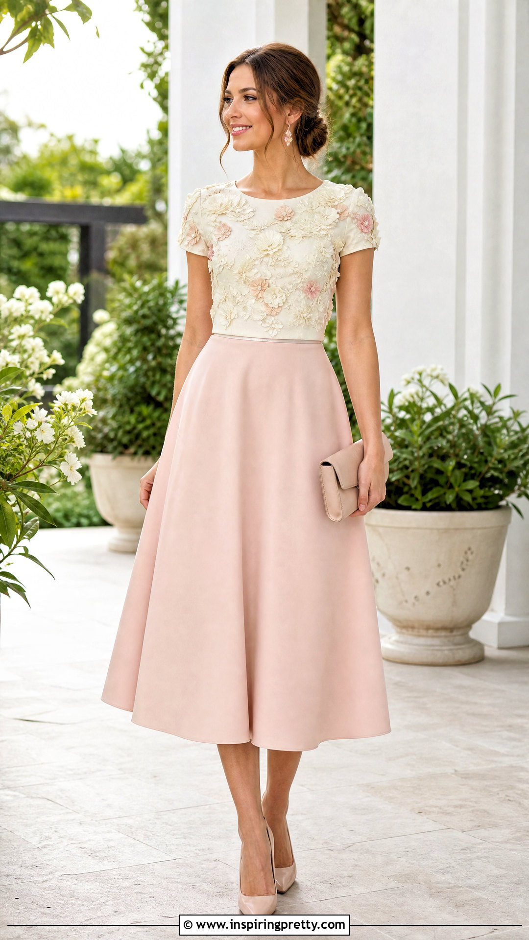 Floral Applique Top With A Line Skirt - 50 fancy tops outfit ideas