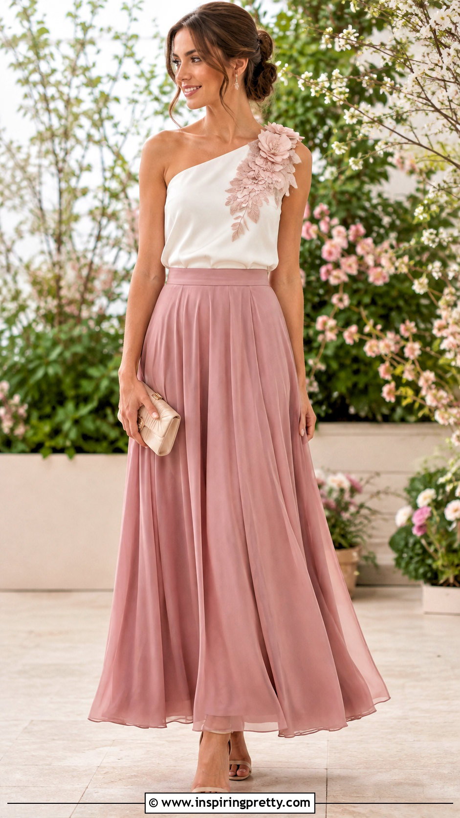 Floral Applique Top With Solid Maxi Skirt - 25 special occasion tops outfit ideas