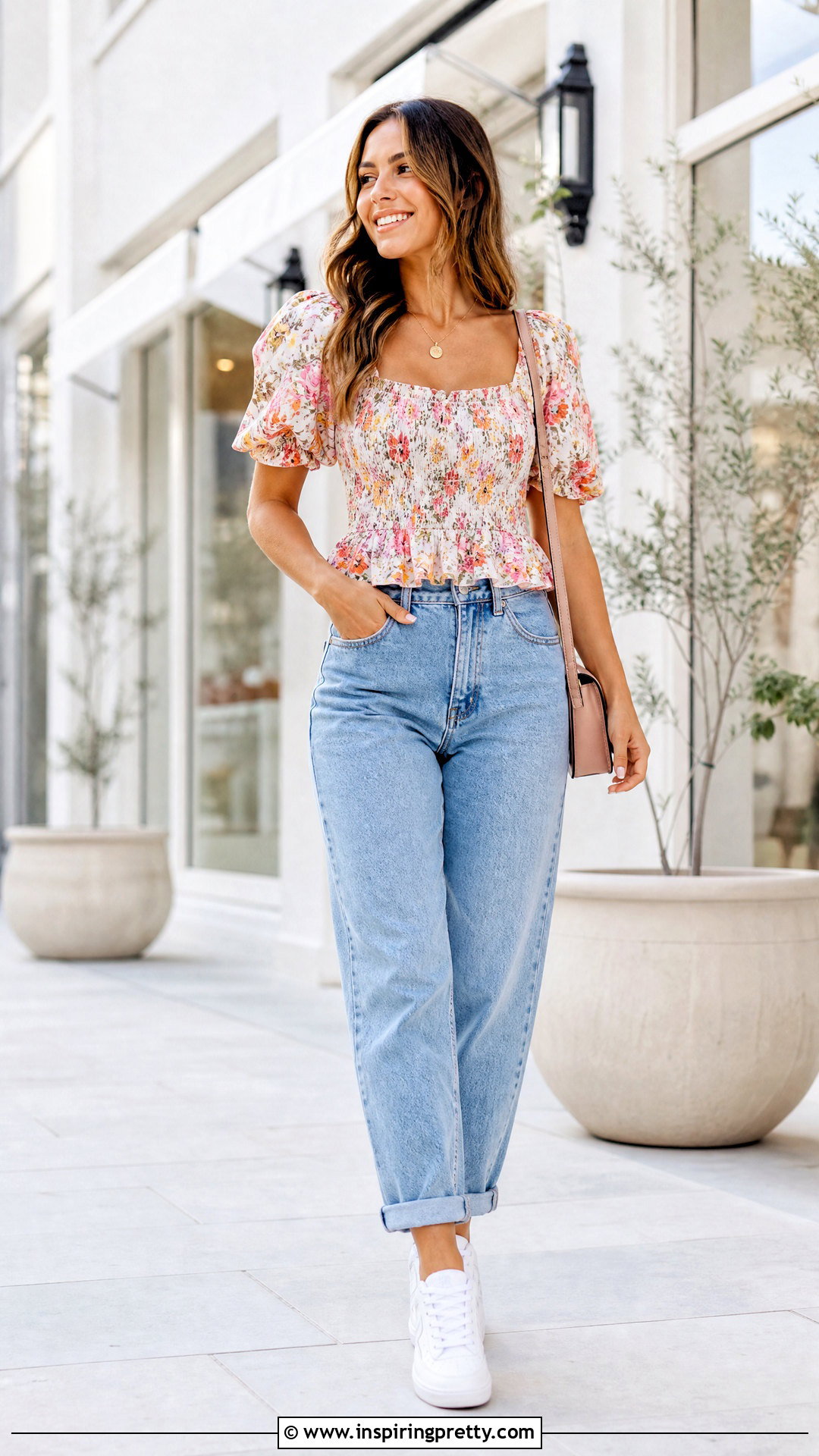 Floral Baby Doll Top With Mom Jeans - 50 Baby Doll Top Outfit ideas