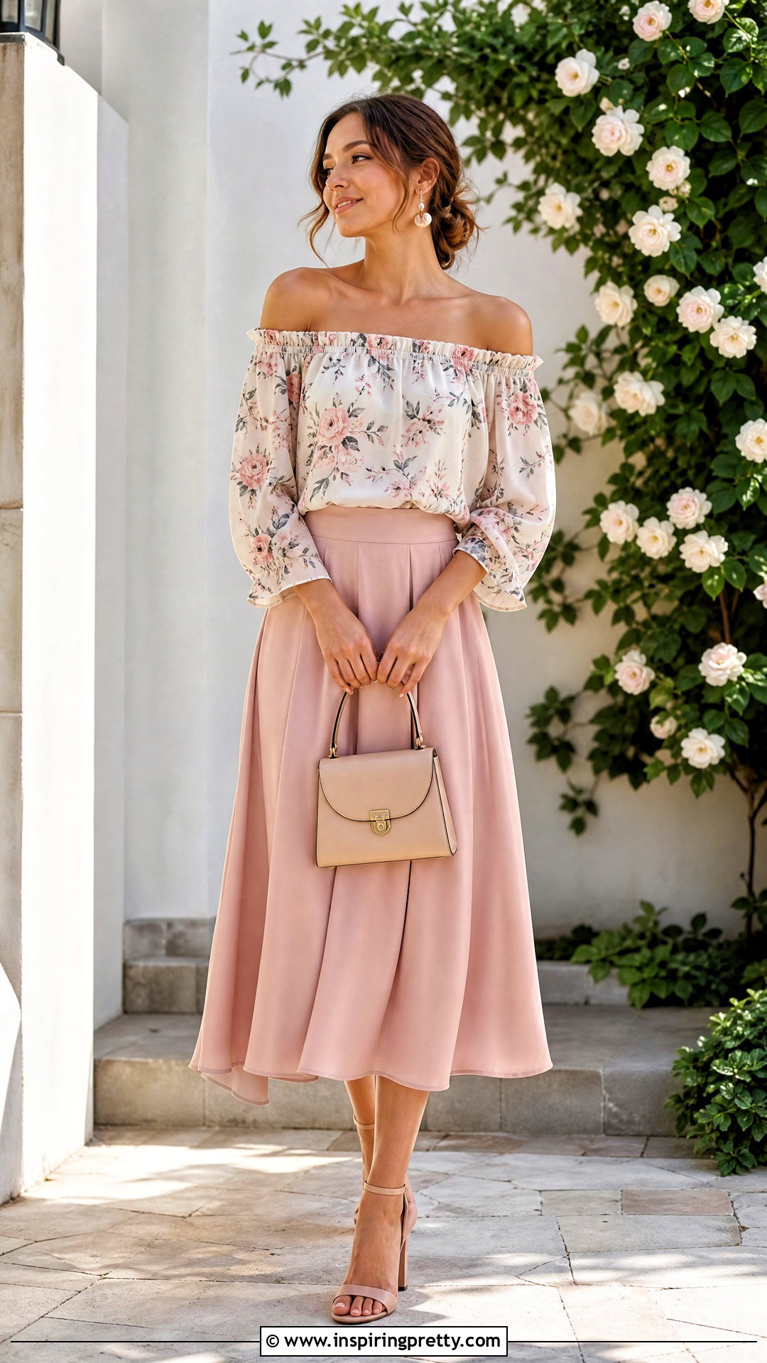 Floral Bardot Top With Midi Skirt - 50 bardot top outfit ideas