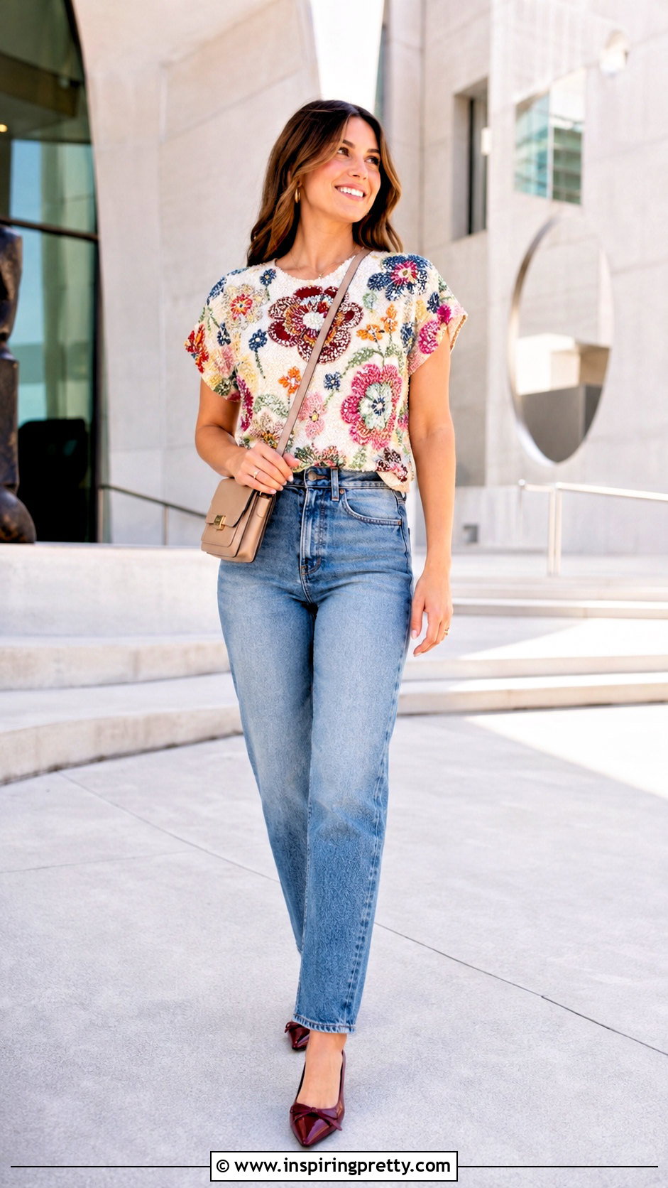 Floral Beaded Top With Straight Leg Jeans - 25 Beaded Embellished Top outfit ideas