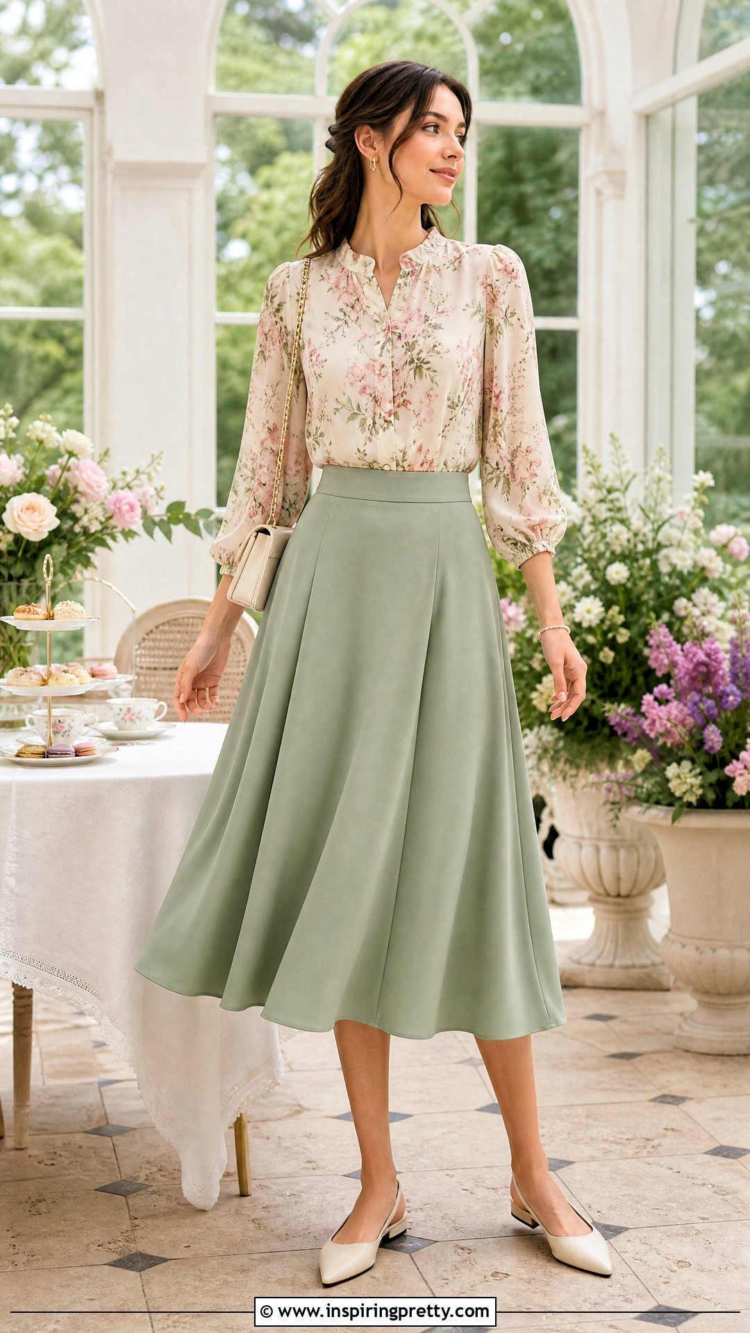 Floral Blouse And A Line Skirt Tea Party Outfit - 25 tea party top outfit ideas