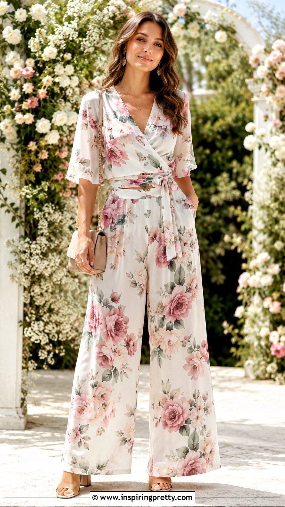 Floral Blouse And Wide Leg Pants Set - 50 top and pants set