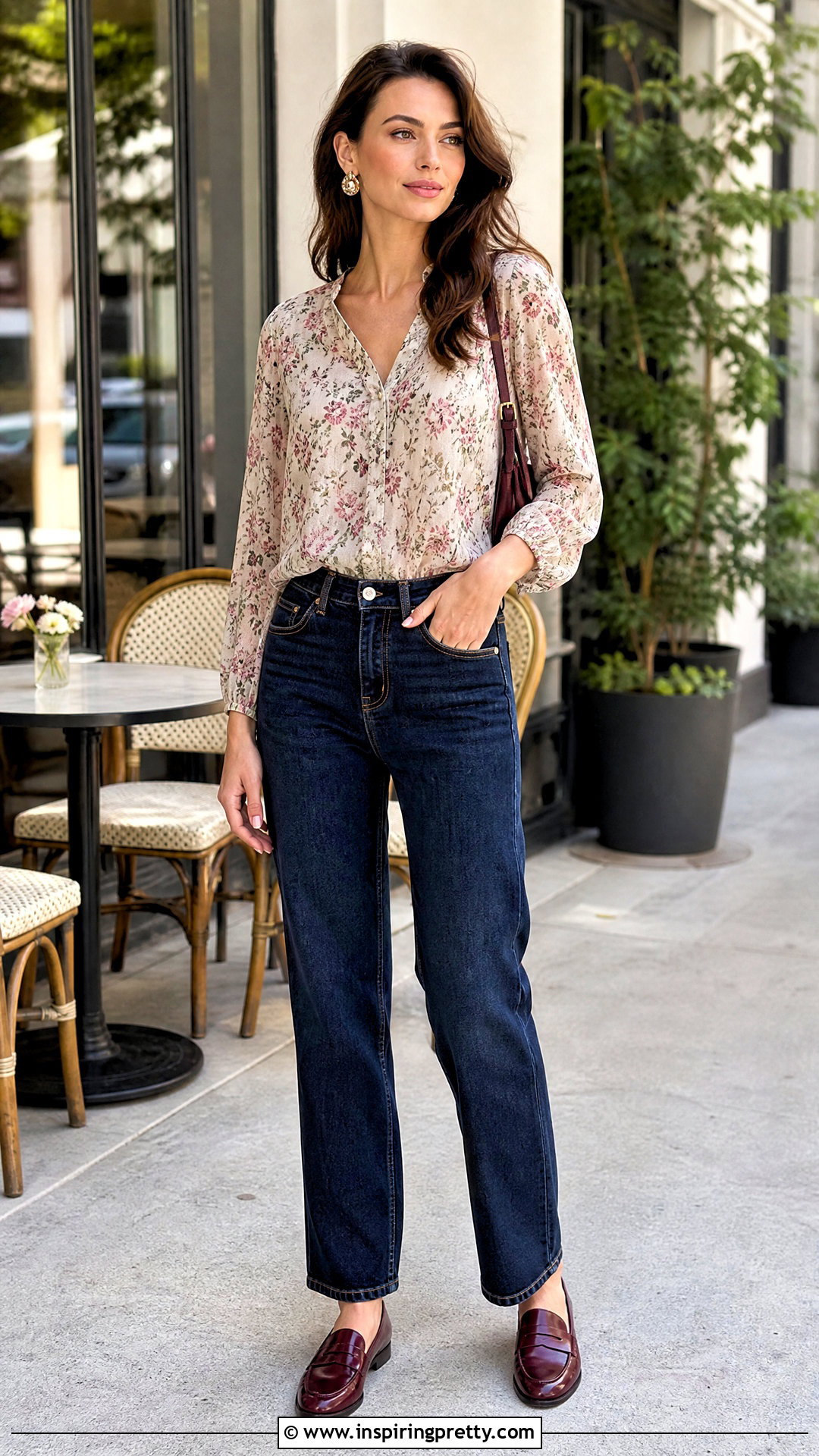 Floral Blouse Top With Straight Leg Jeans - 50 chic tops outfit ideas