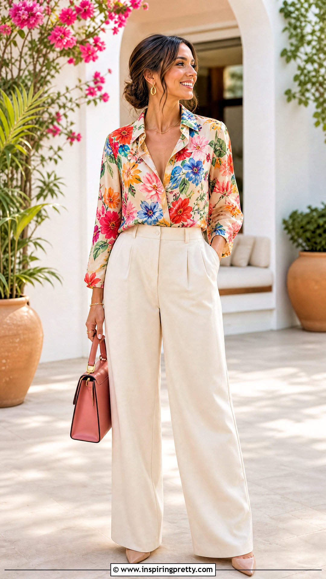 Floral Blouse With Cream Trousers - 50 dress tops outfit ideas