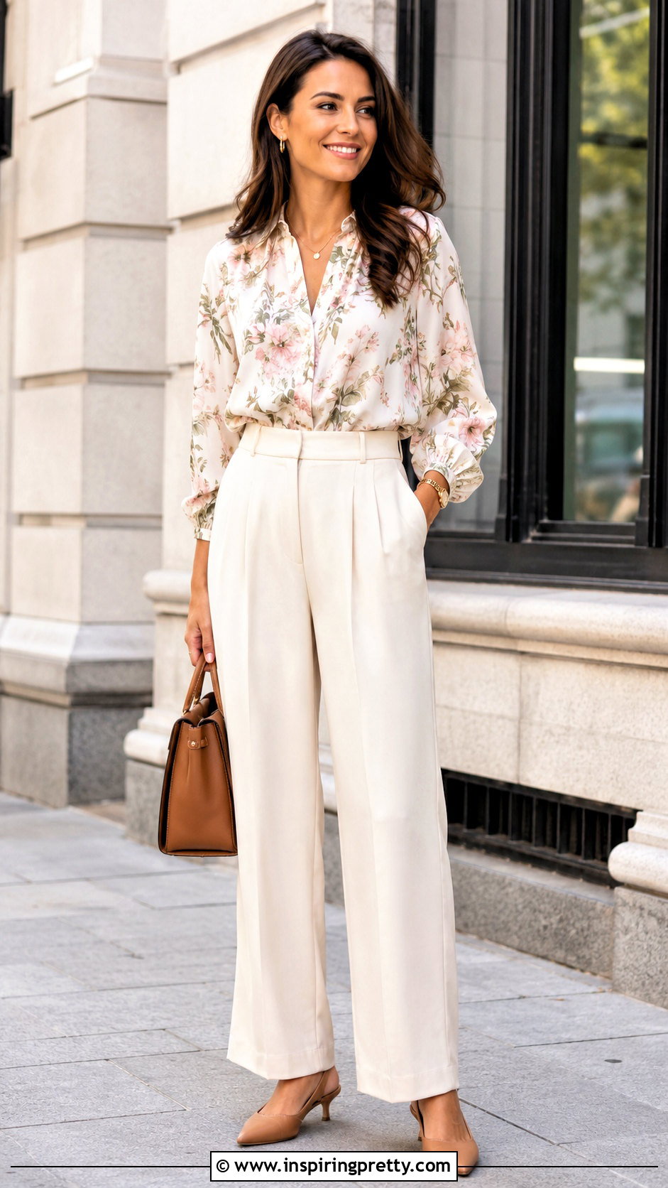 Floral Blouse With Cream Trousers - 50 top designs latest ideas