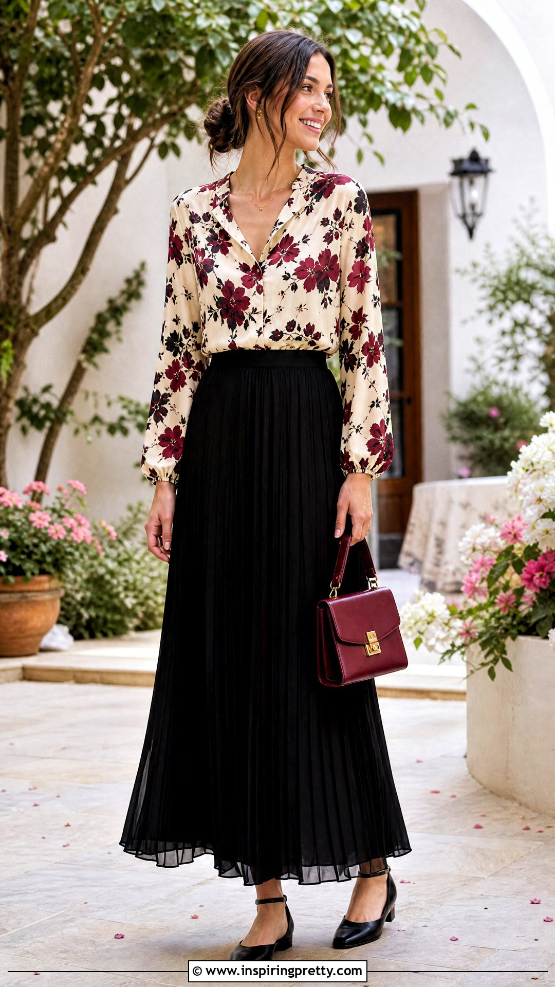 Floral Blouse With Long Black Skirt And Ankle Strap Shoes - 25 Tops To Go With Long Black Skirts