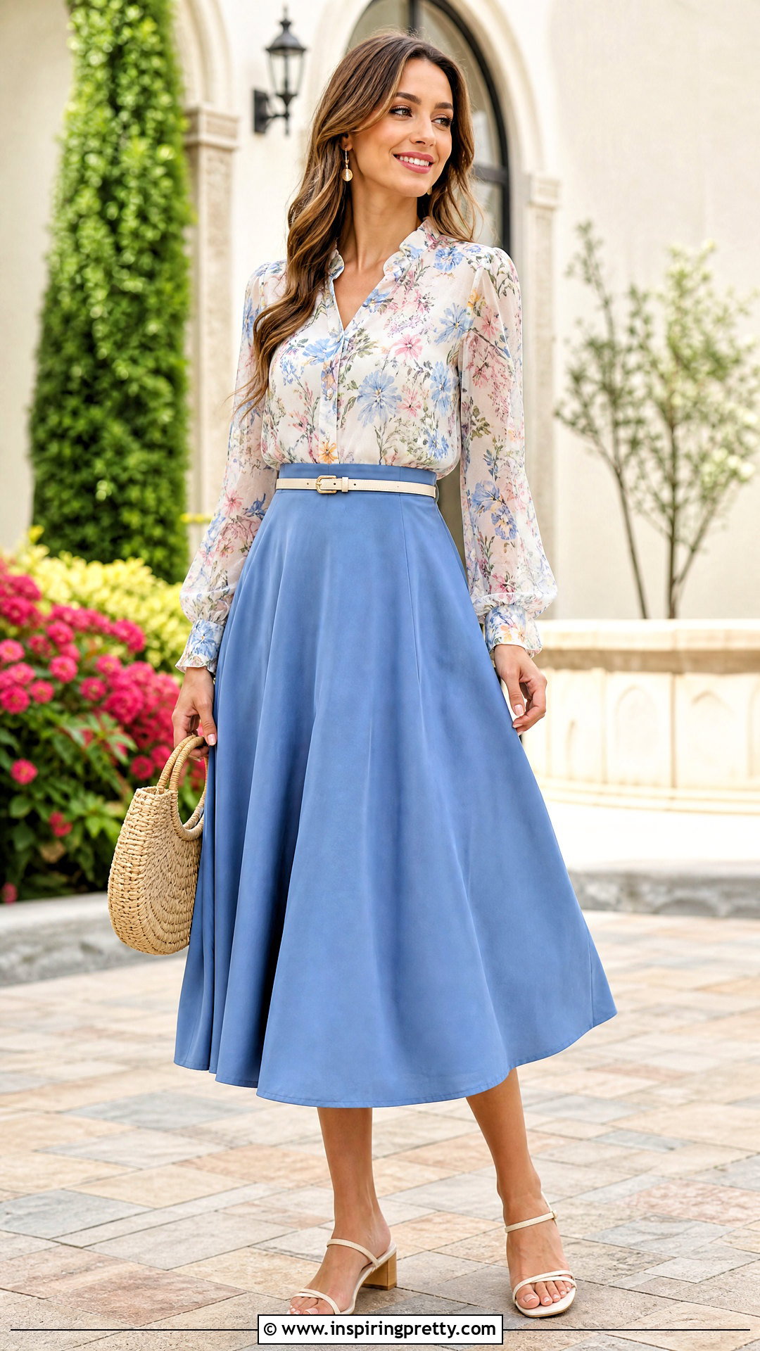 Floral Blouse With Midi Skirt - 50 fashion tops blouses