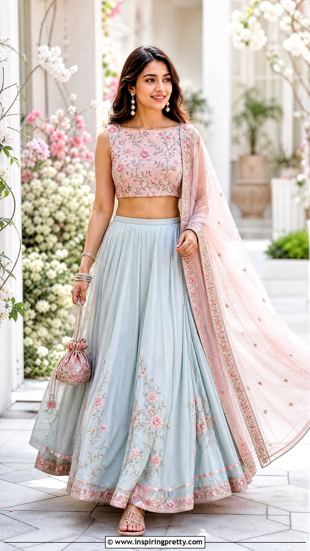 Floral Boat Neck Crop Top Blouse With Pastel Lehenga - 20 Crop Top Blouse Designs Latest Boat Necks
