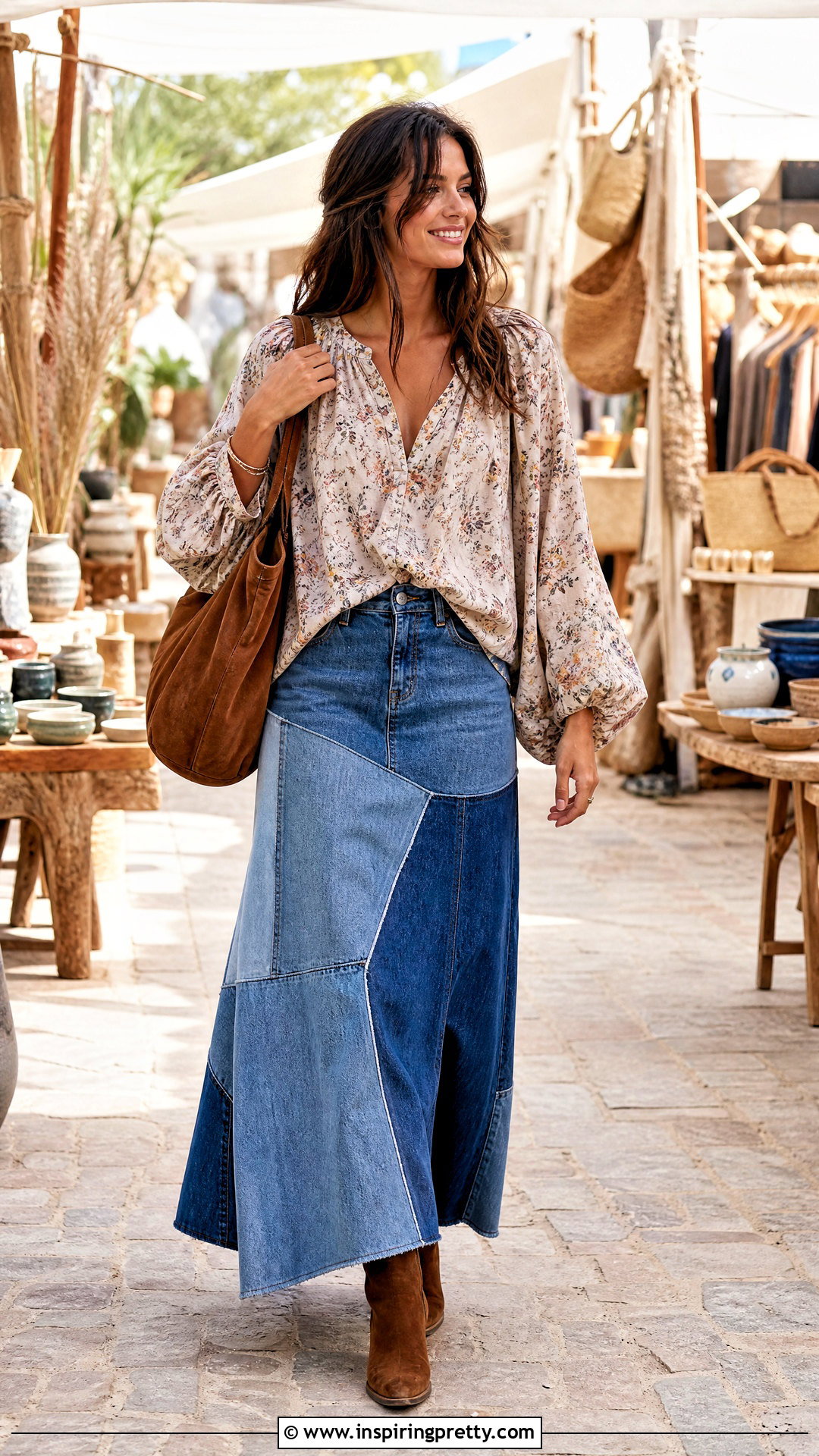 Floral Boho Blouse With Patchwork Denim Skirt - 20 Floral Top Denim Skirt Styles