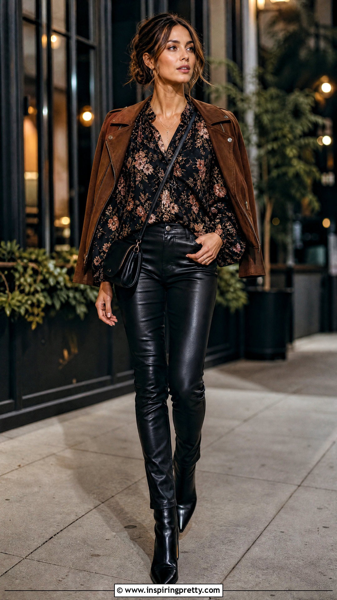 Floral Boho Going Out Top With Black Leather Pants - 25 boho going out tops outfit ideas
