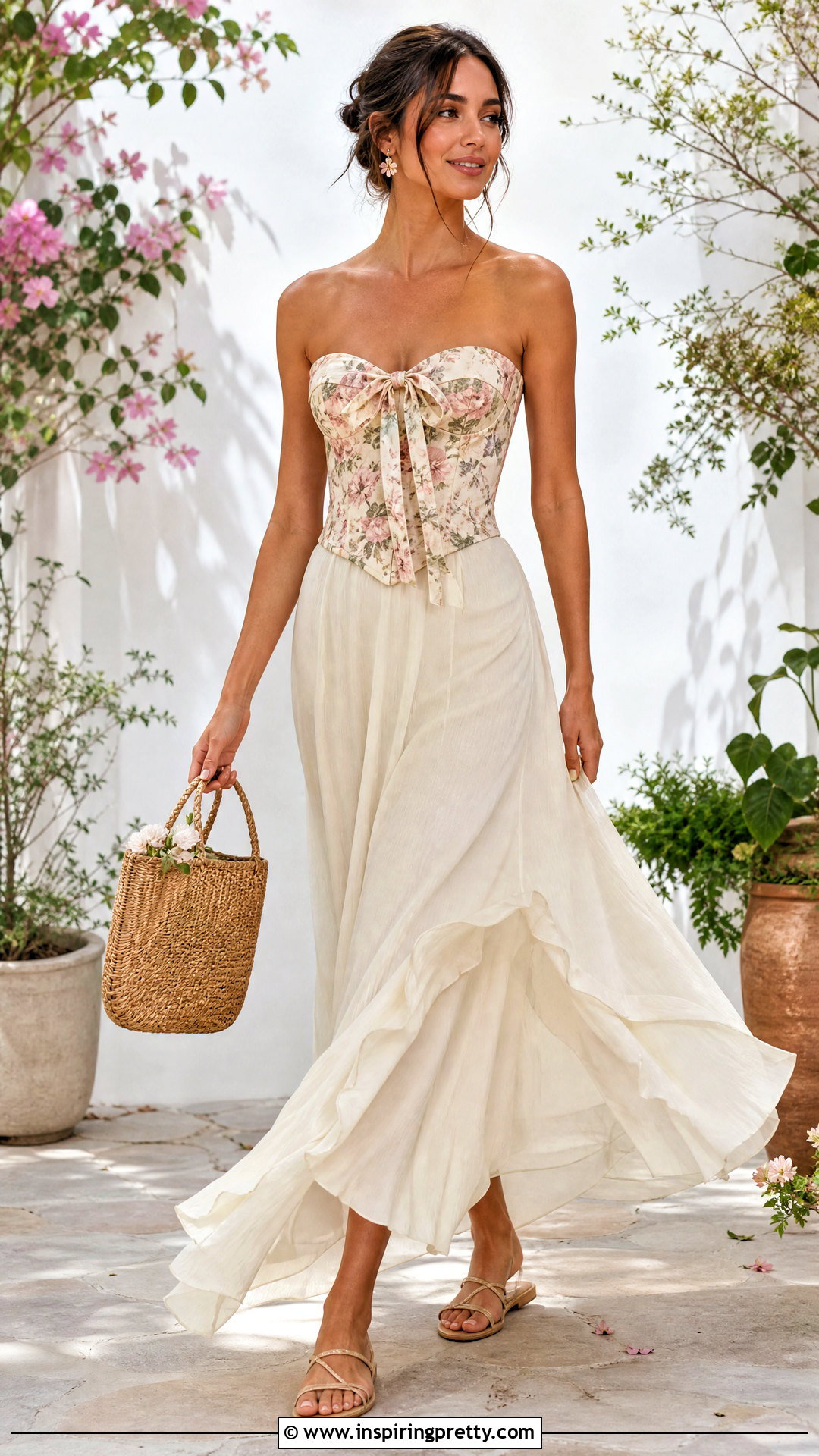 Floral Bow Corset Top With Maxi Skirt - 25 corset top with bows