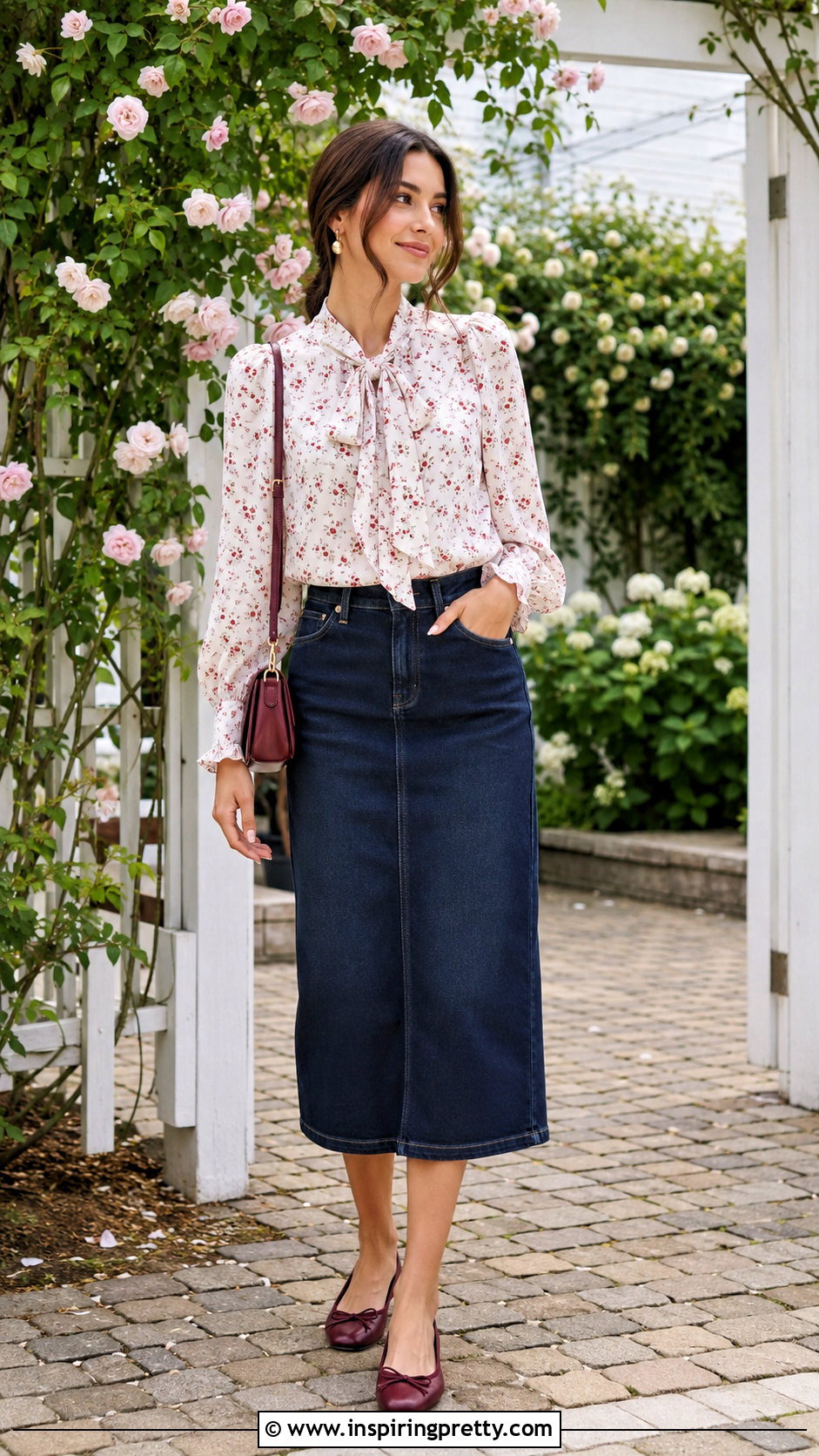Floral Bow Top Blouse With Denim Midi Skirt - 20 Bow Top Blouse outfits
