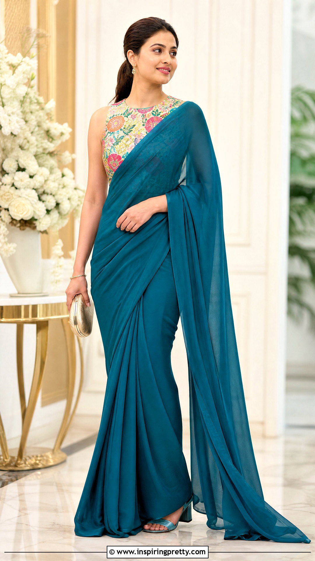 Floral Brocade Top With Solid Saree - 50 brocade top designs