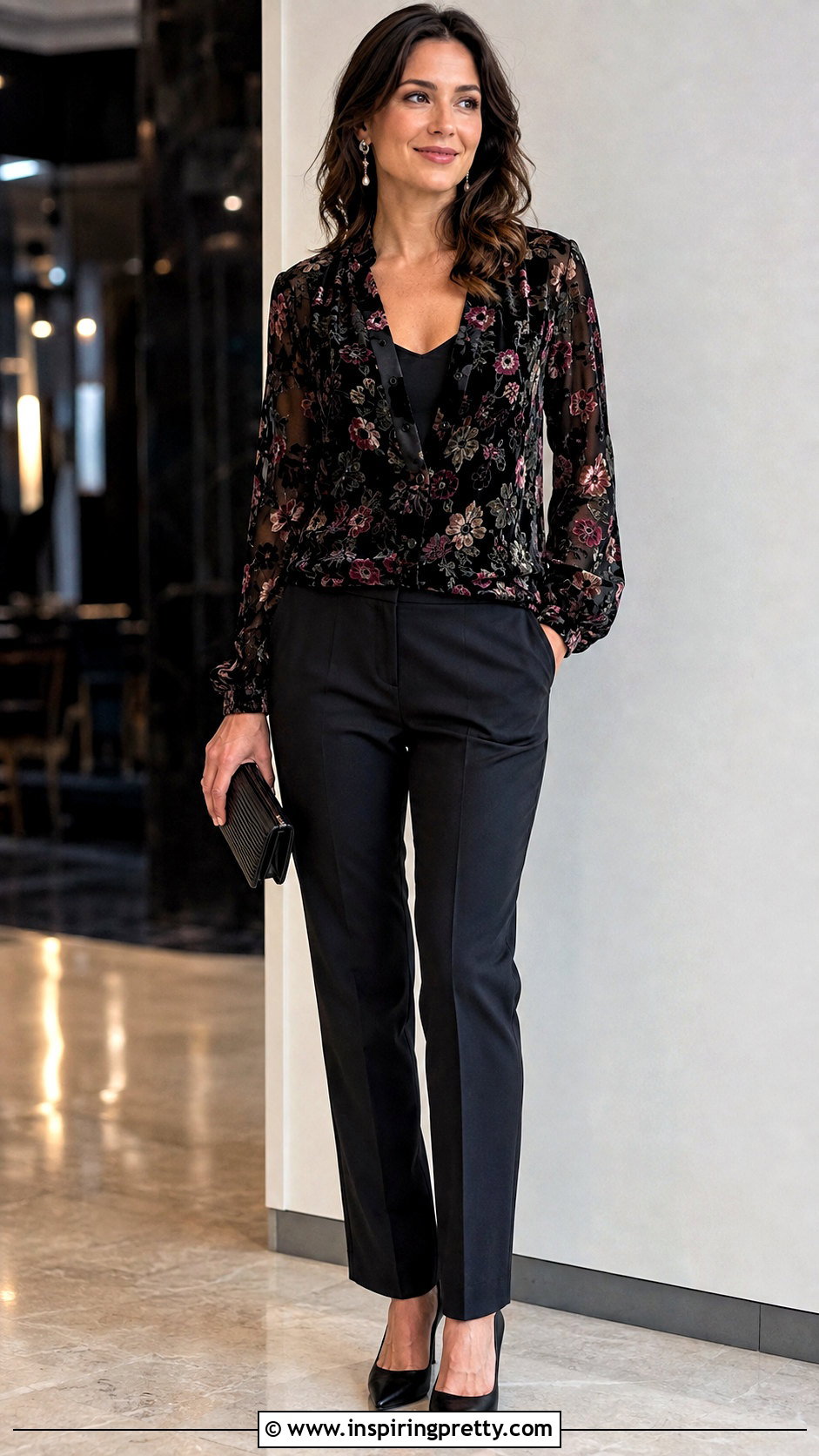 Floral Burnout Velvet Top With Tailored Pants - 50 velvet tops outfit ideas