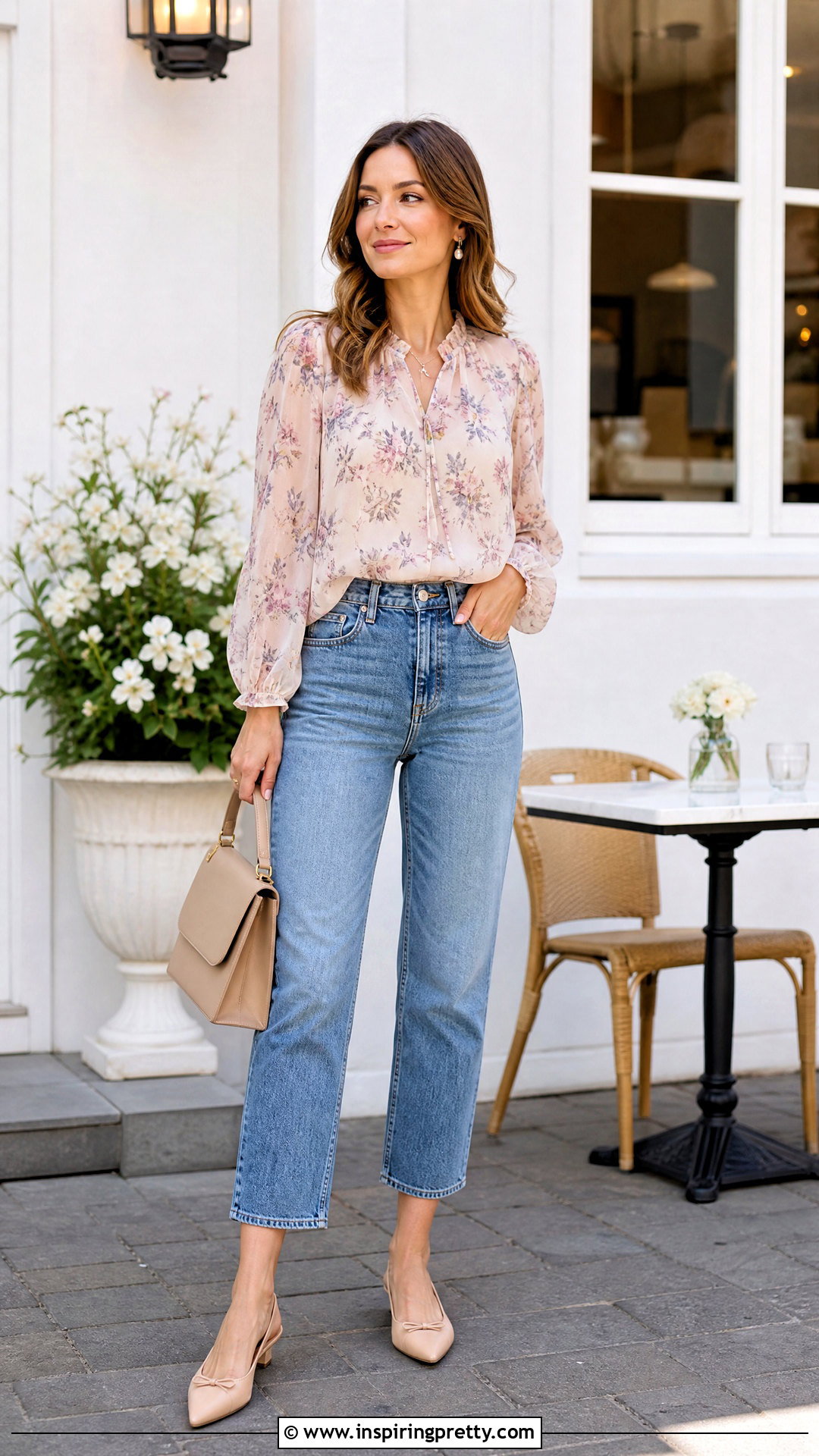 Floral Chiffon Blouse With Cropped Jeans - 50 cute tops for women