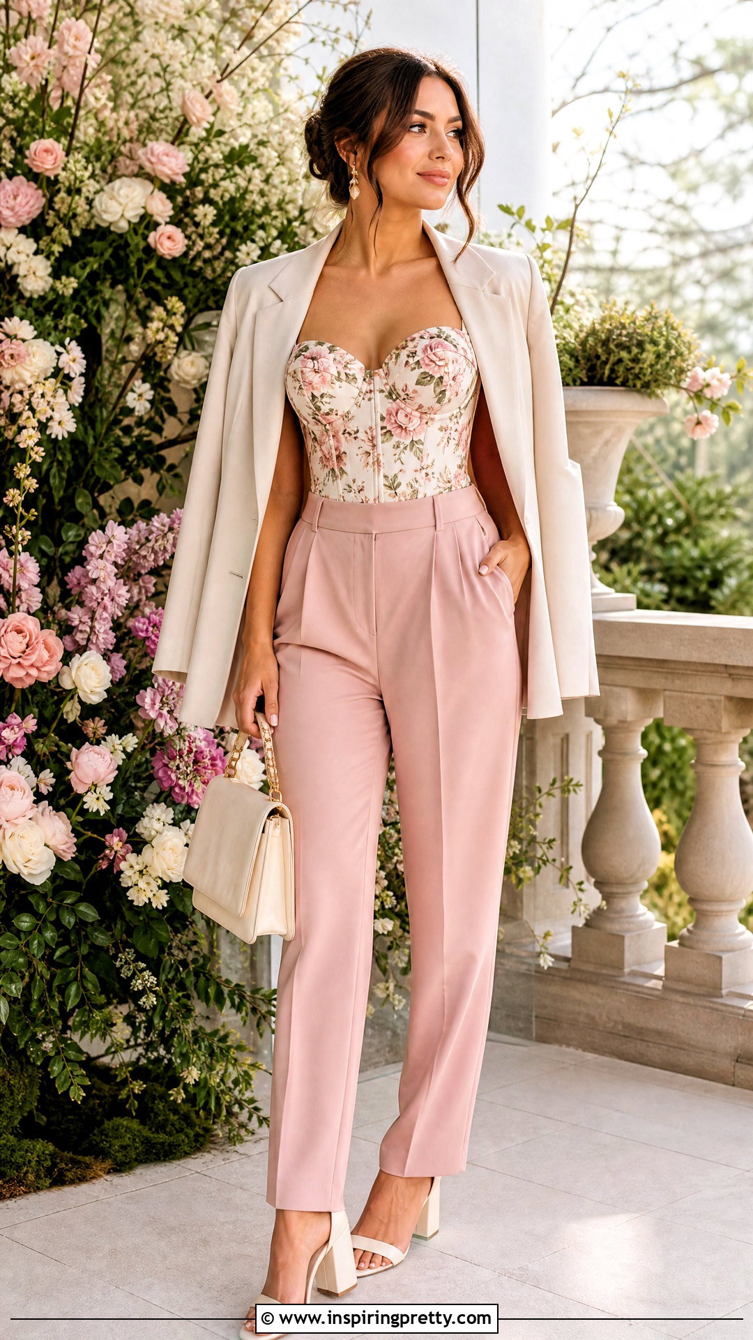 Floral Corset Top With Pink Trousers - 50 corset top and trousers outfit ideas