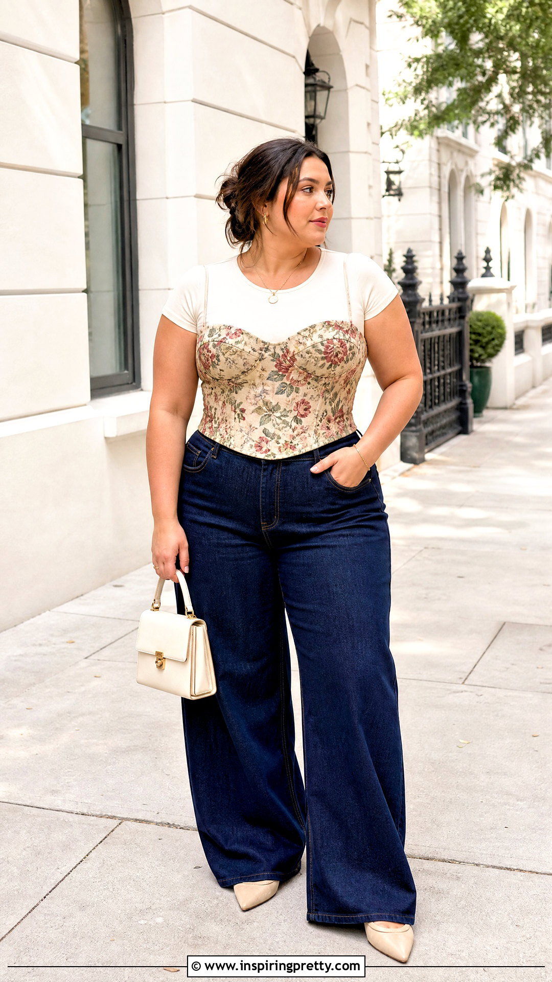 Floral Corset Top With Wide Leg Jeans - 50 whimsical tops outfit ideas