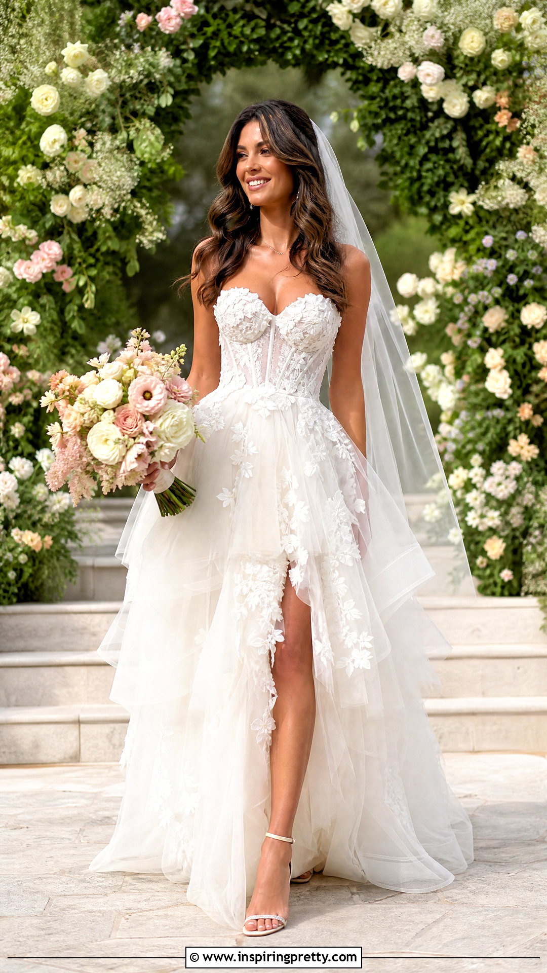 Floral Corset Wedding Dress With Layered Tulle - 50 wedding dress corset top outfit ideas