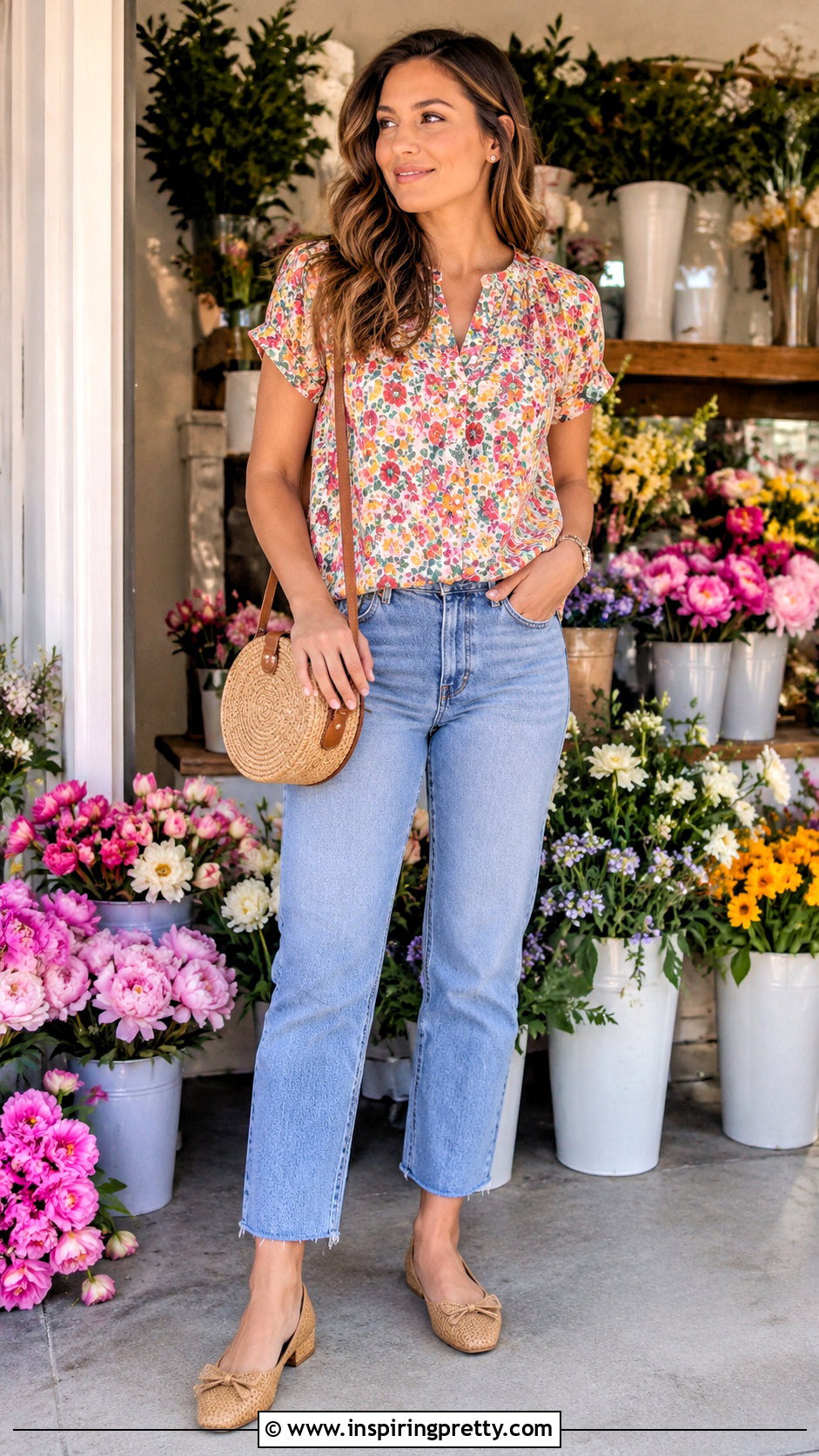 Floral Cotton Blouse With Cropped Jeans - 50 summer cotton tops outfit ideas