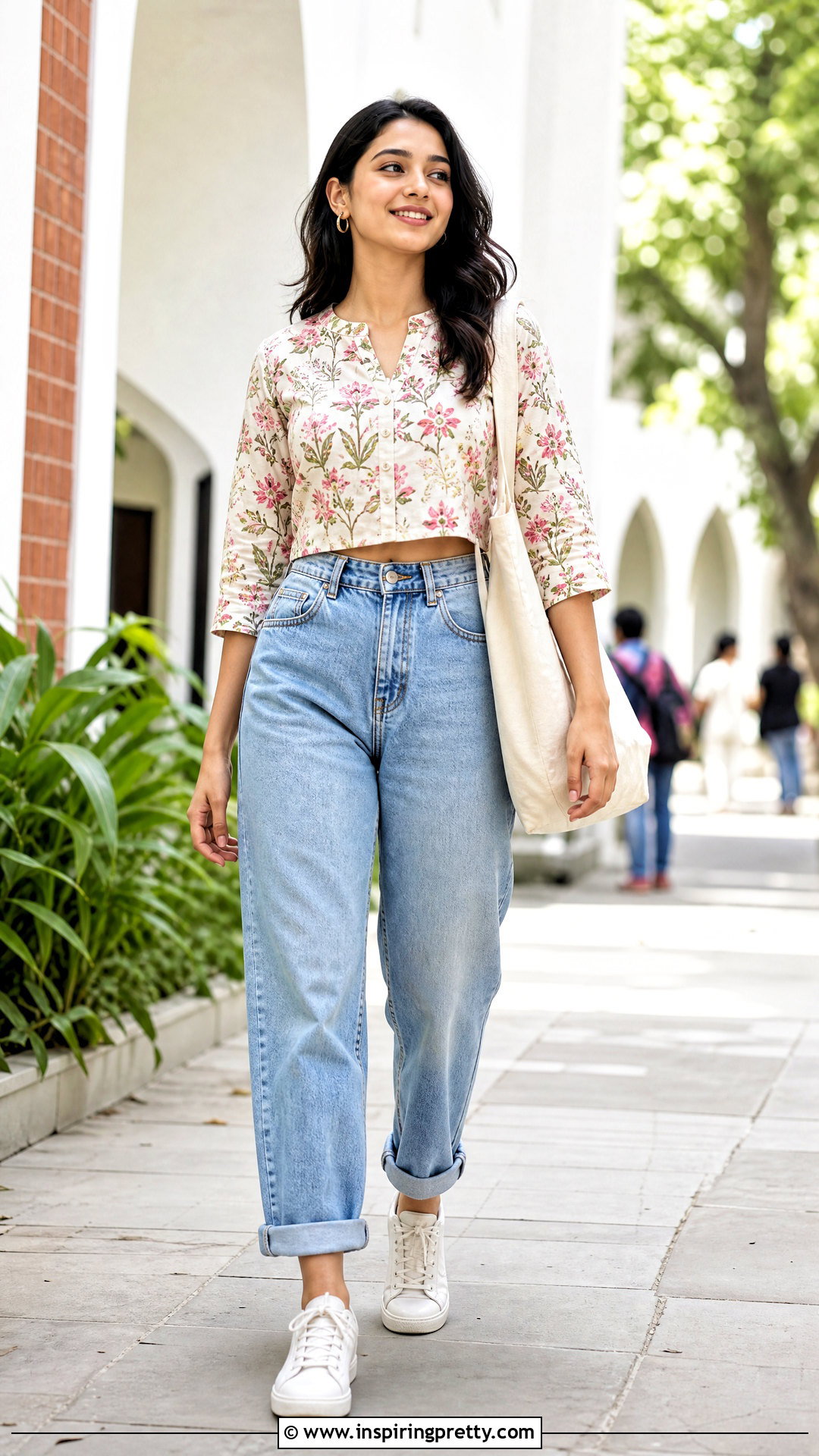 Floral Cotton Kurti With Mom Jeans - 50 kurti tops for jeans