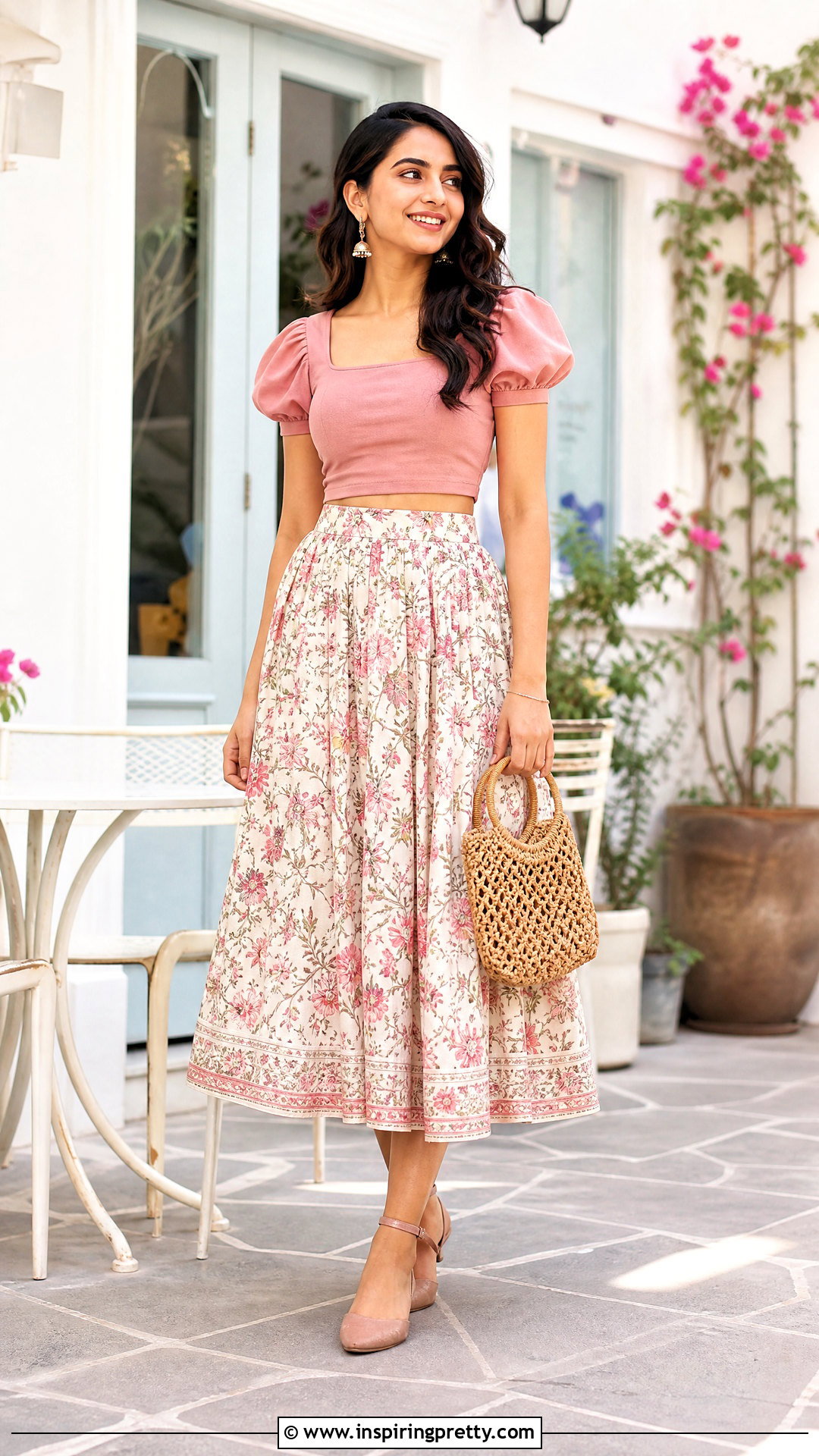 Floral Cotton Midi Skirt With Puff Sleeve Top - 50 cotton skirt and top indian outfit ideas